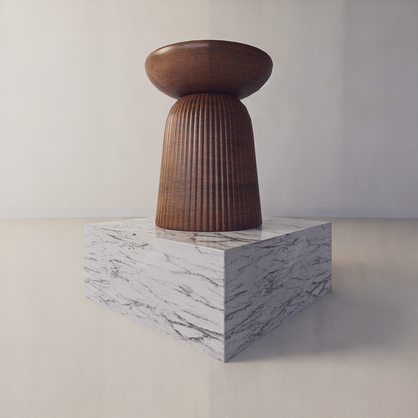 Wooden stool with ribbed texture on marble pedestal, minimalistic design