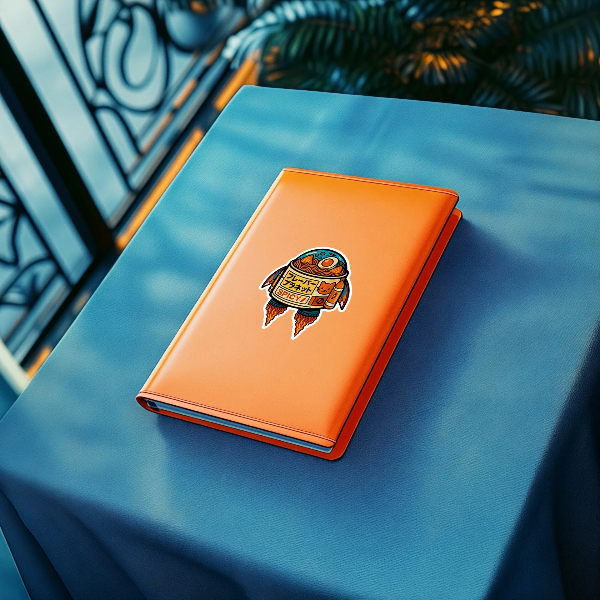 A3Stickernaut Orange Journal MockupRamen Rocket 10 Inch.webp