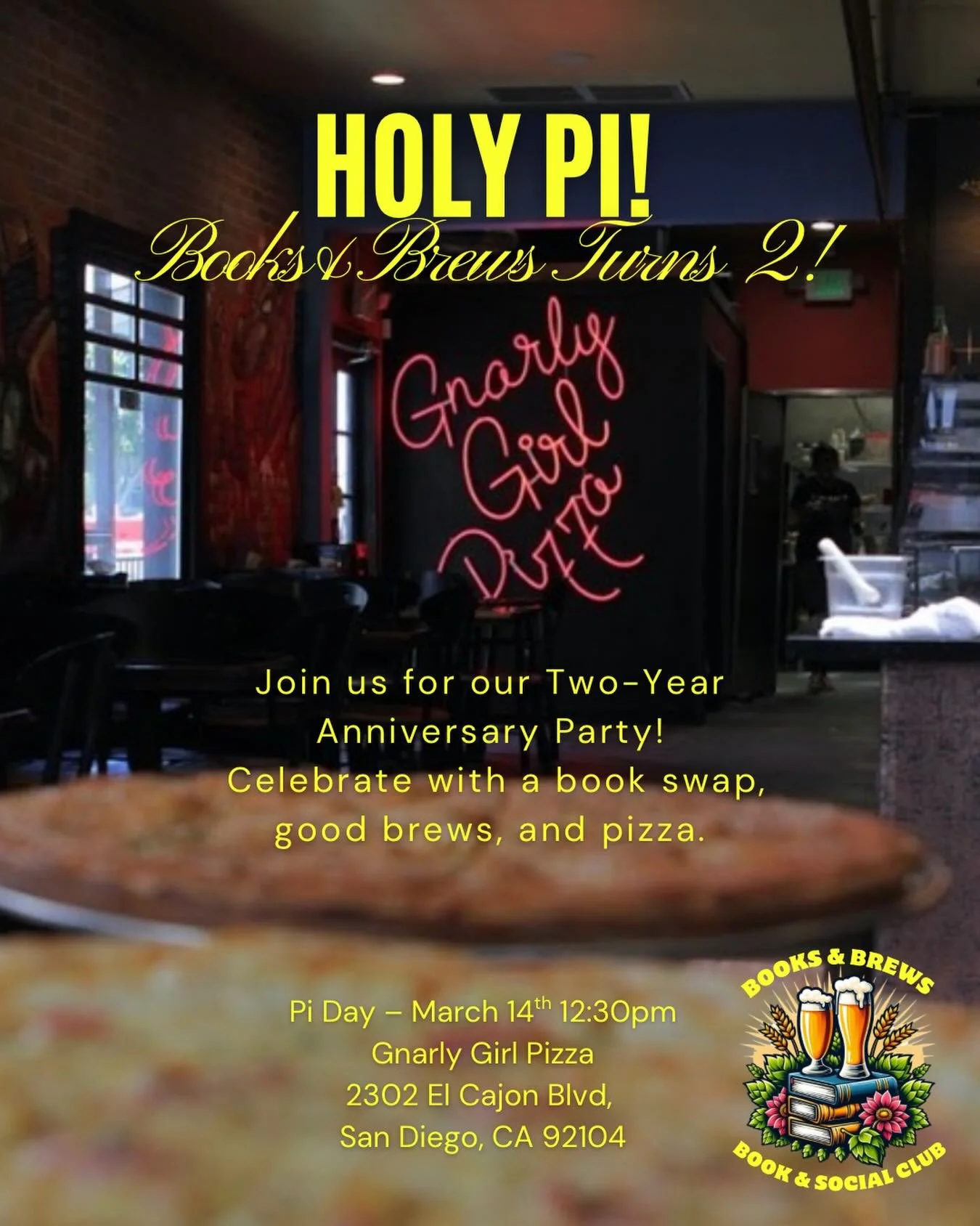 HOLY PI! 🍕📚
We&rsquo;re turning TWO and celebrating the best way we know how! With books, brews, pizza, and community.

The book swap is optional, but if you&rsquo;d like to participate, please bring up to 2 gently loved books. Bring a book to take