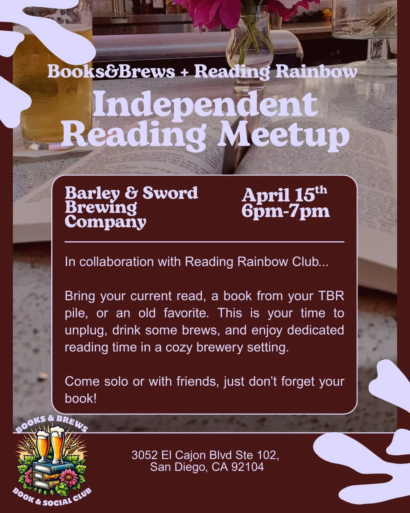 We&rsquo;re trying something new!

Join us at Barley and Sword in North Park for an independent reading night. 

Bring whatever you&rsquo;re currently reading (or something off your TBR) and hang out, sip, and read together. 🍻 📚