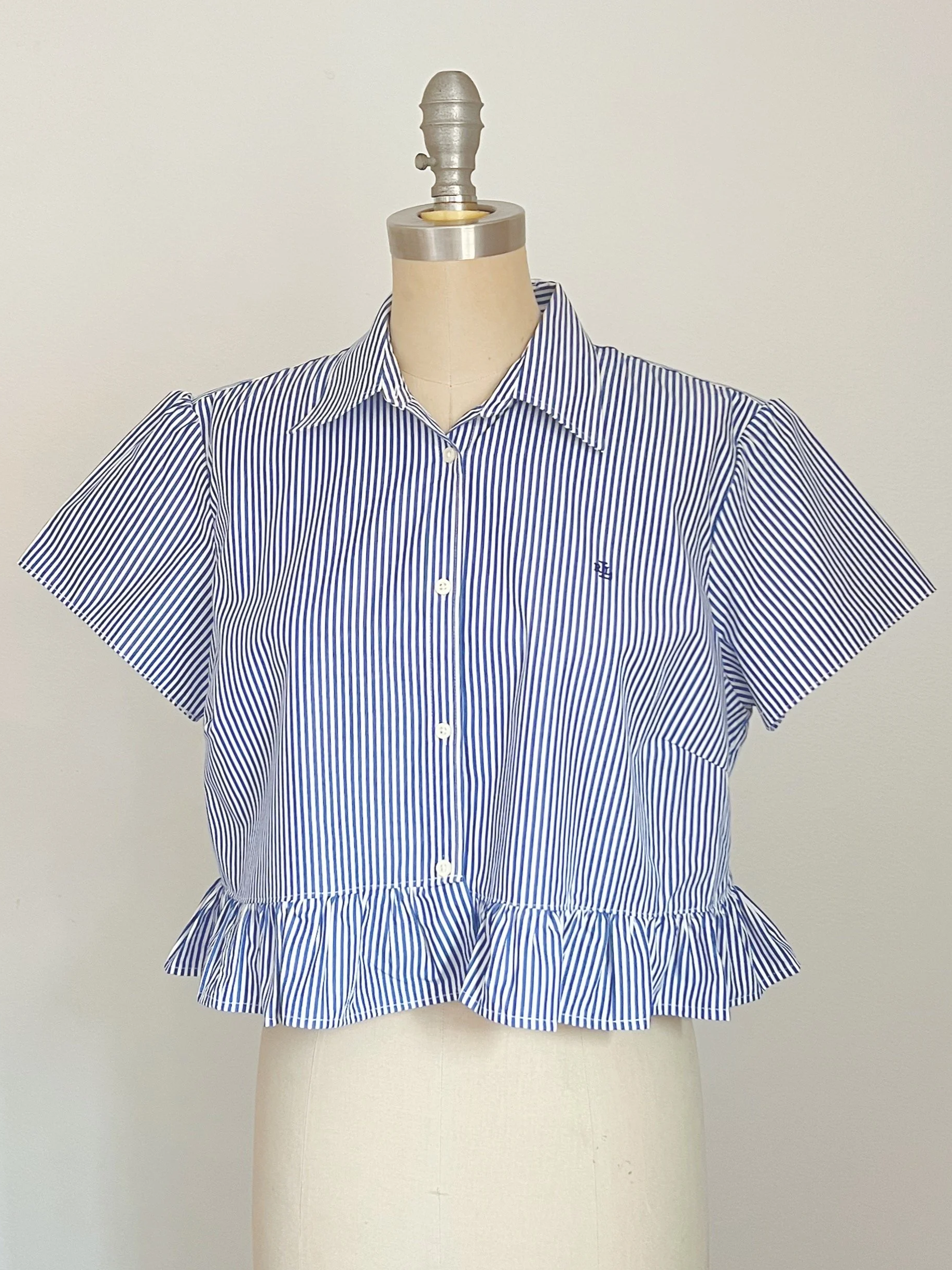 The Pinstripe Ruffle Crop in Navy