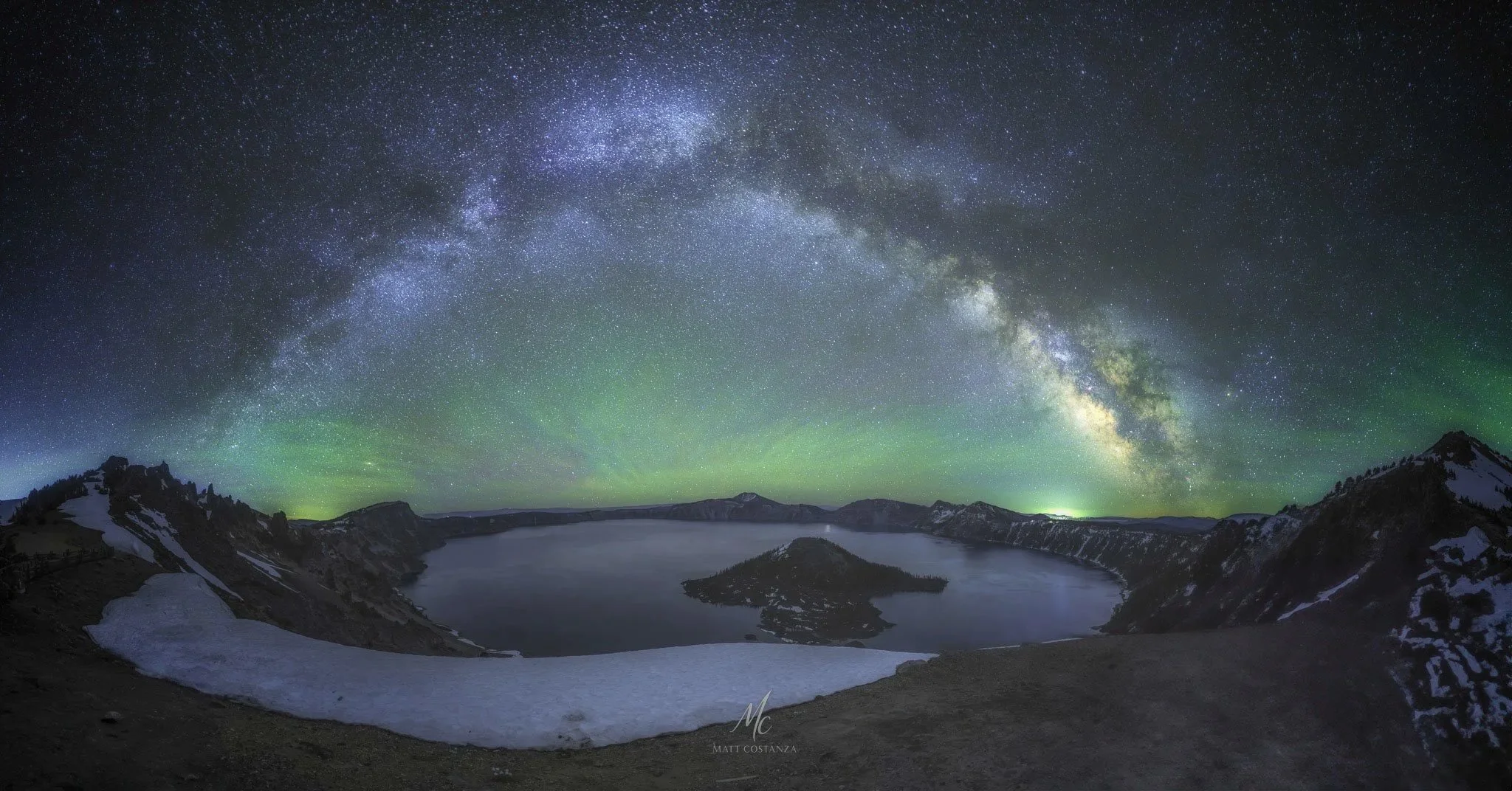 Milky Way and airglow above Crater Lake and Wizard Island, Oregon.
