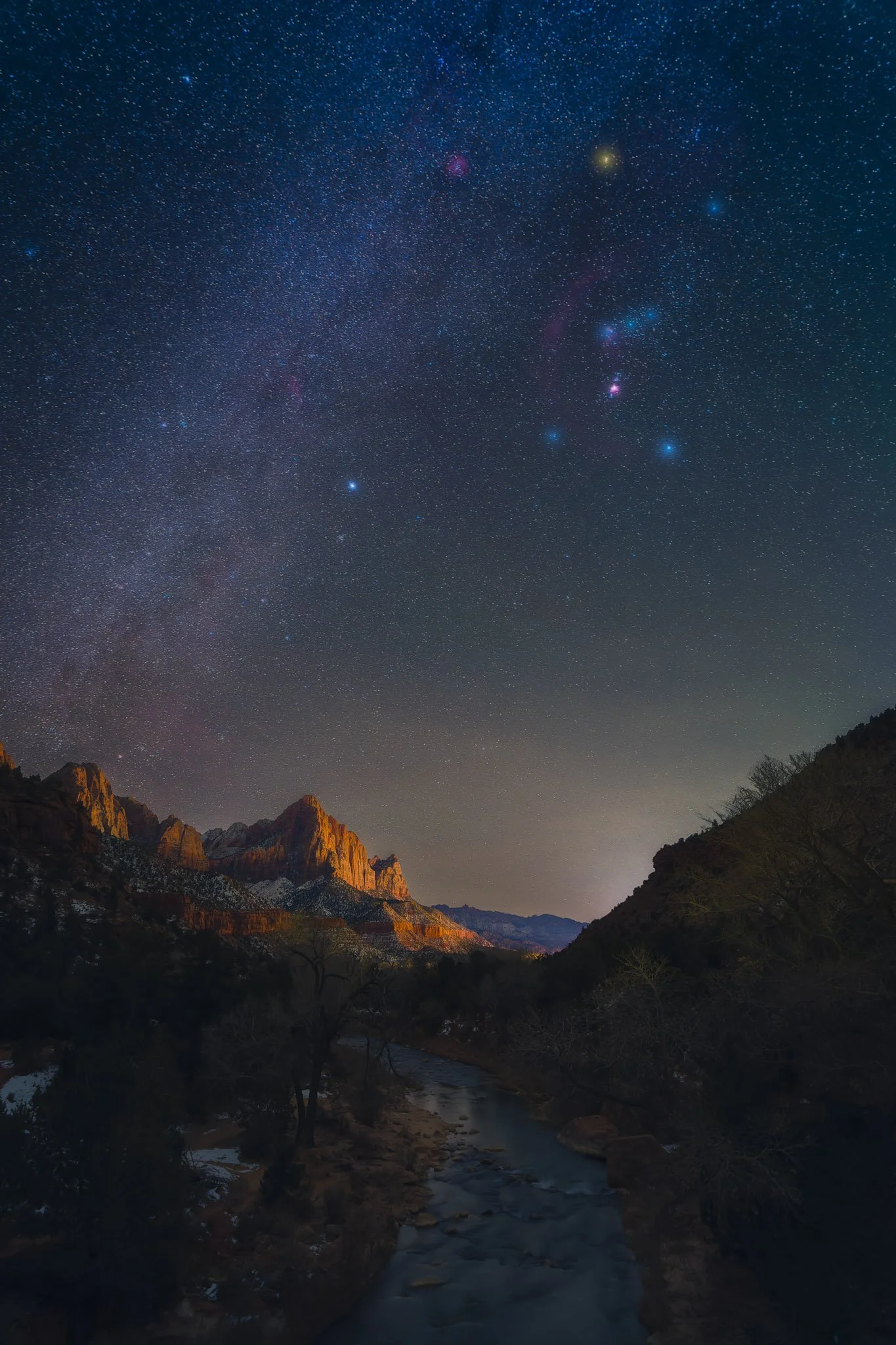 Orion above the Watchman and Virgin River, Zion National Park, Utah.
