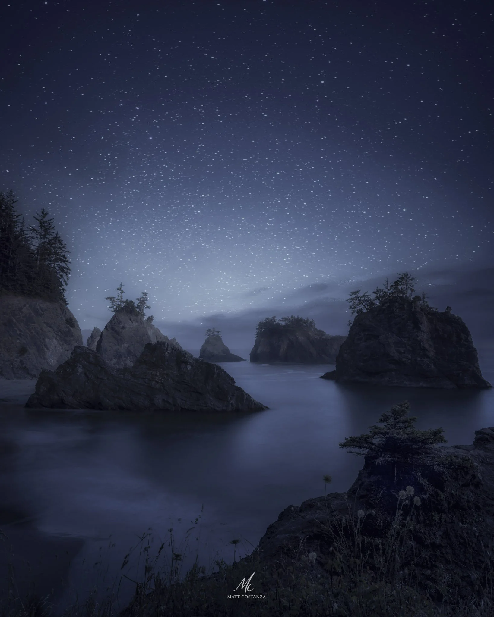 Starry sky over sea stacks at Secret Beach, Brookings, Oregon coast