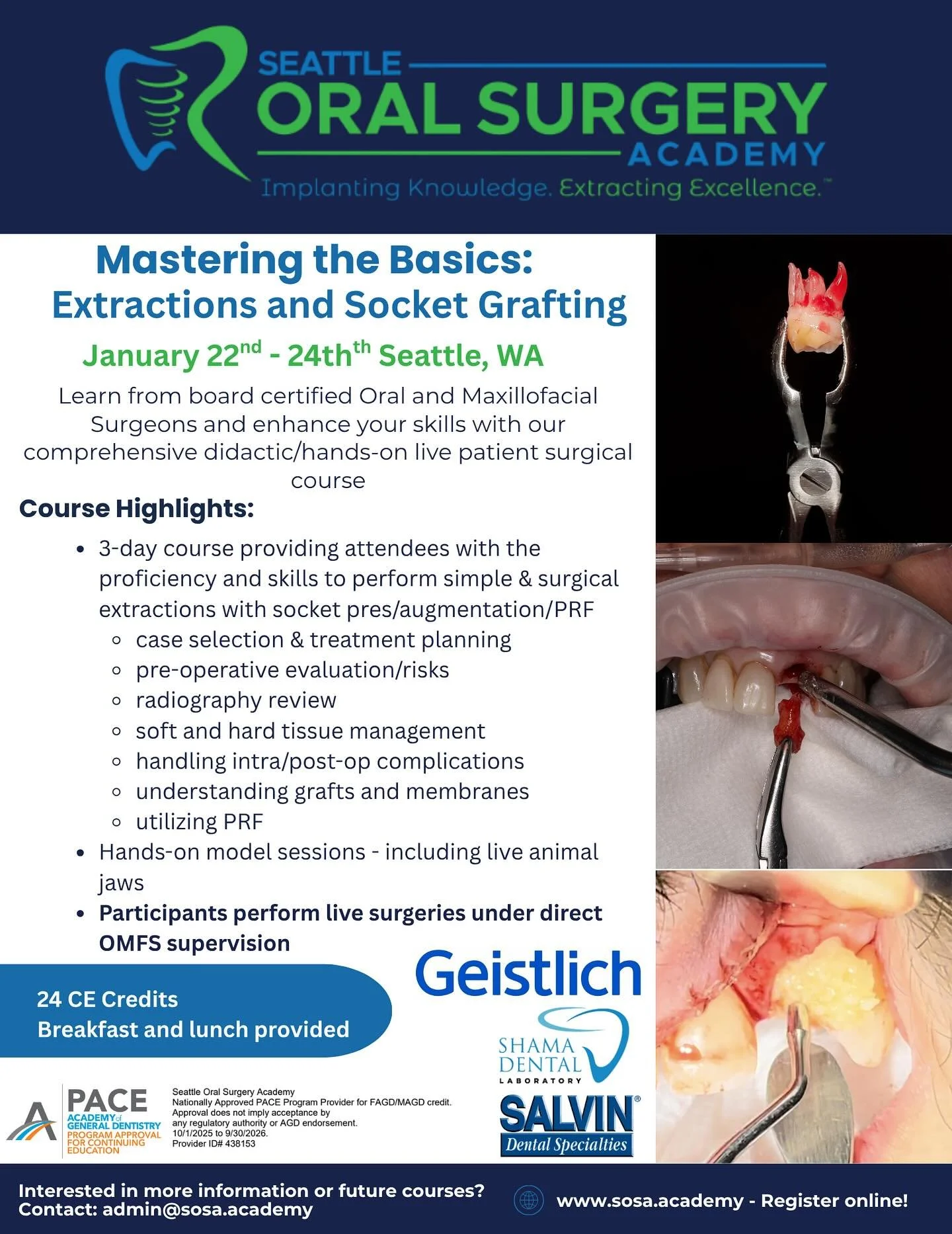 We are excited to introduce and welcome you all to our extraction and bone grafting course in Seattle, WA on January 22nd - 24th created and run by Oral and Maxillofacial surgeons. 

Course Highlights:
⭐️3-day live surgery course providing attendees 