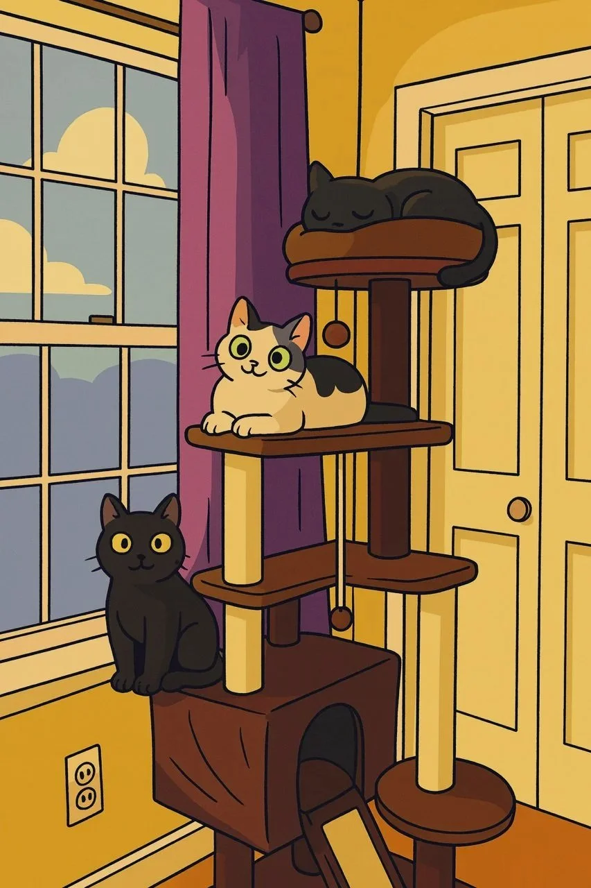 Three cats on a tall beige and brown cat tree inside a room with yellow walls, a window with purple curtains, and a yellow door. One black cat on the top sleeping, one calico sitting on a middle platform, and one black cat sitting underneath. An electrical outlet is visible on the wall.