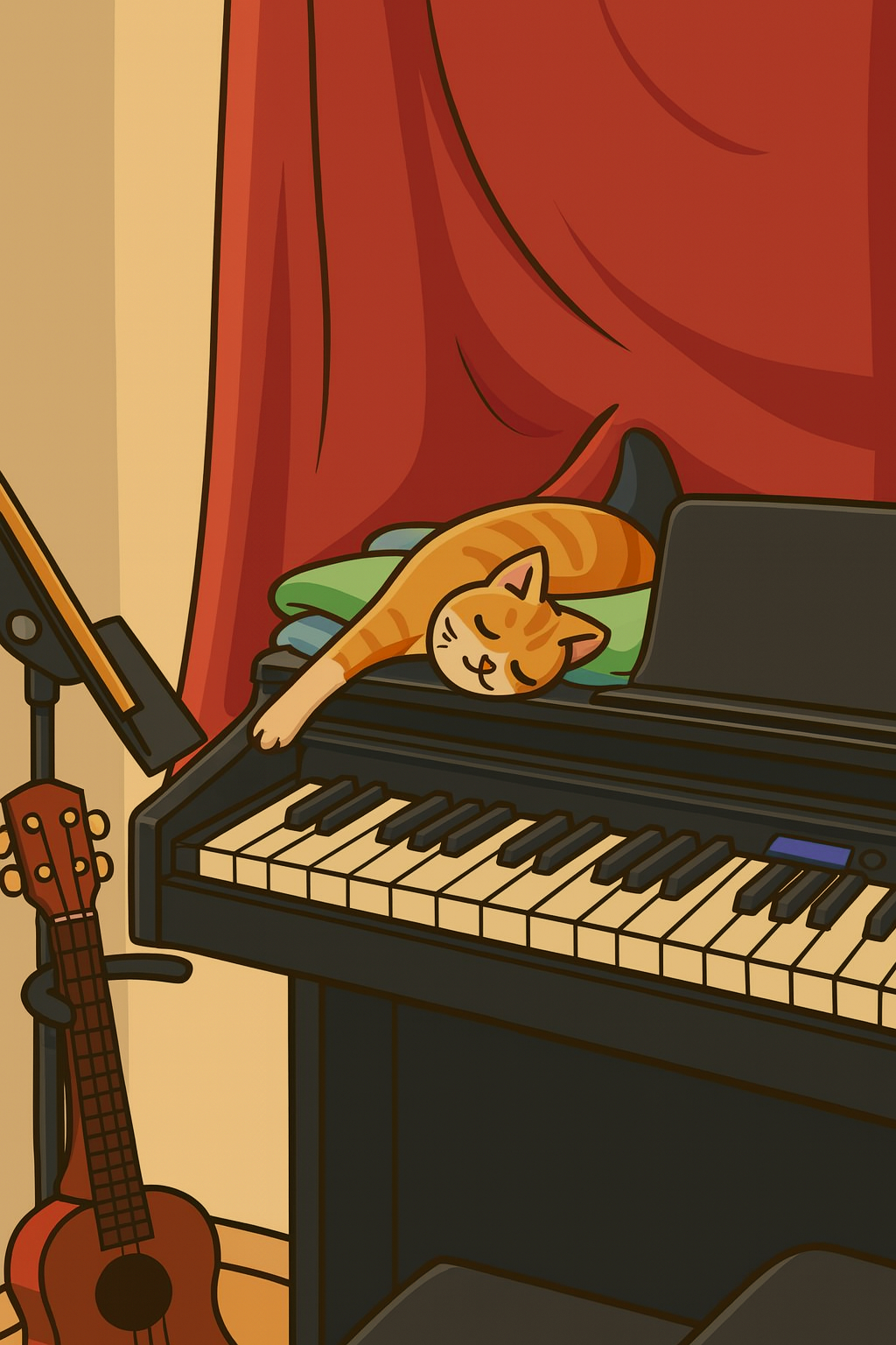 An orange tabby cat is sleeping on a green pillow atop a black digital piano, with a red curtain in the background. A guitar is leaning against the wall in the corner.