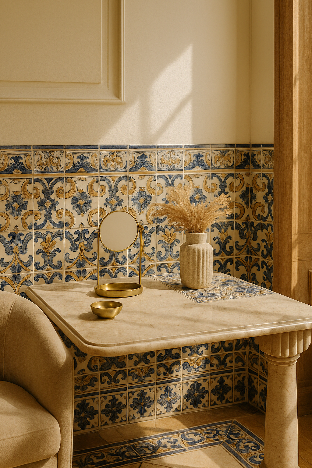 Portuguese tiles in a comfortable and luxurious breakfast table.