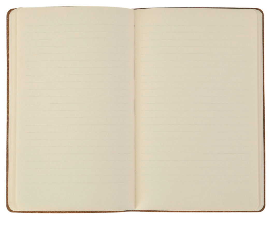 Open blank notebook with lined pages on a wooden surface.