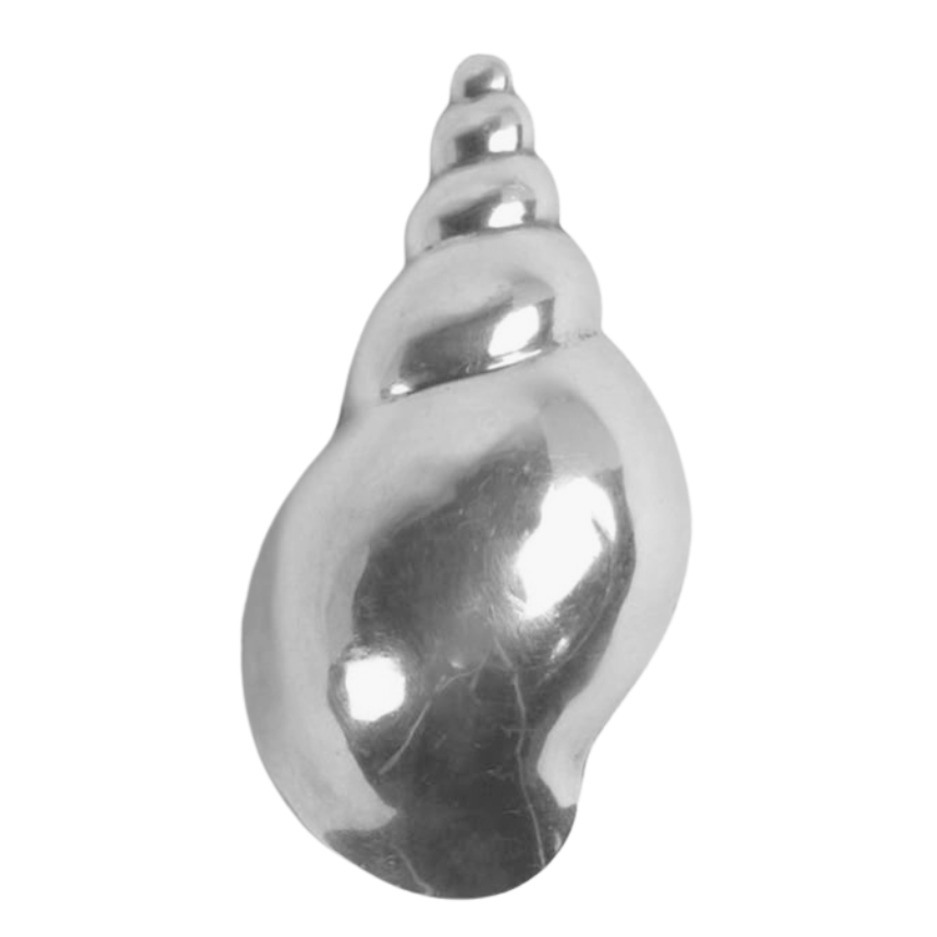 A shiny, metallic, shell-shaped object resembling a seashell.