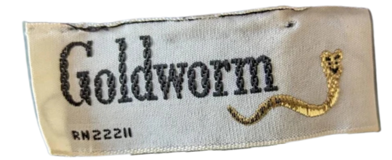 Clothing label with the brand name 'Louche' embroidered in black, a small snake design in gold, and a size or serial number 'RN22211' in black.