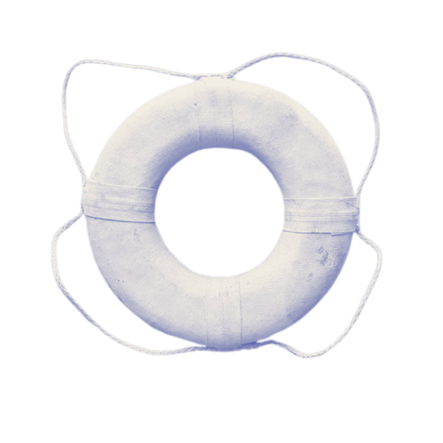 A white lifebuoy with a rope handle, shown against a black background.