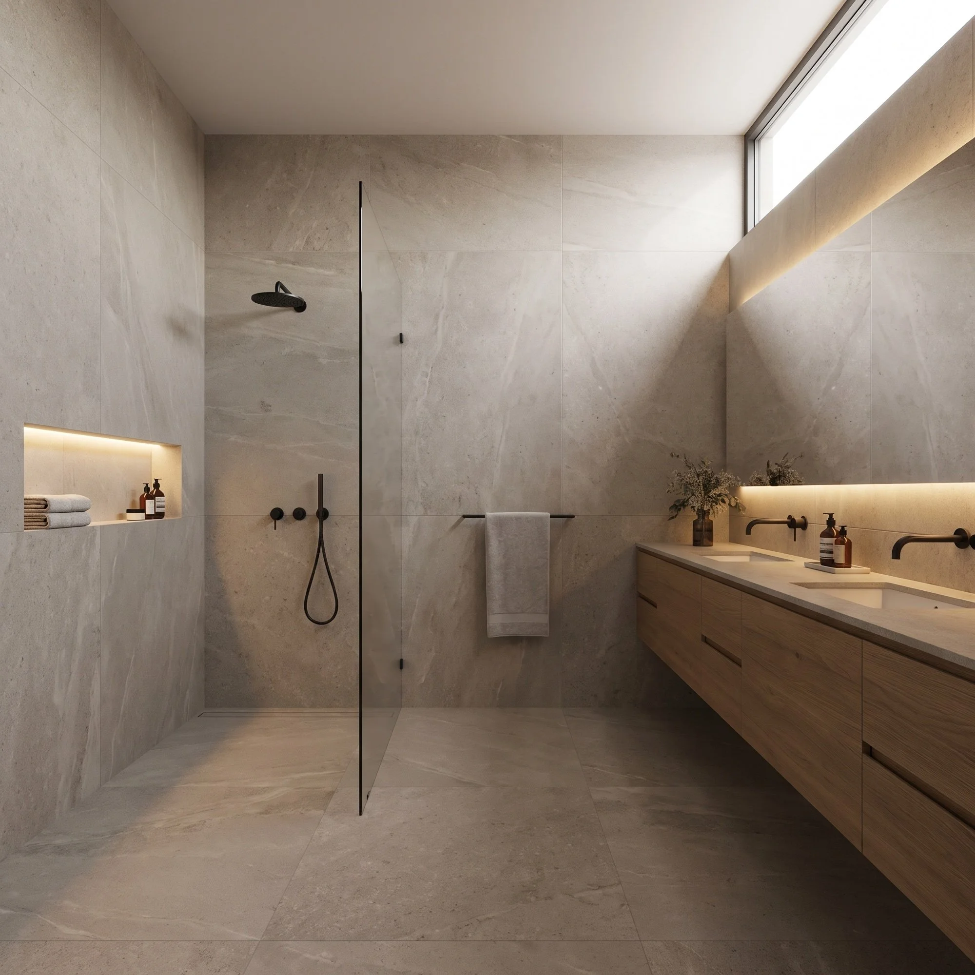 Design rendering of a primary bathroom concept - not a completed Raimo Renovations project