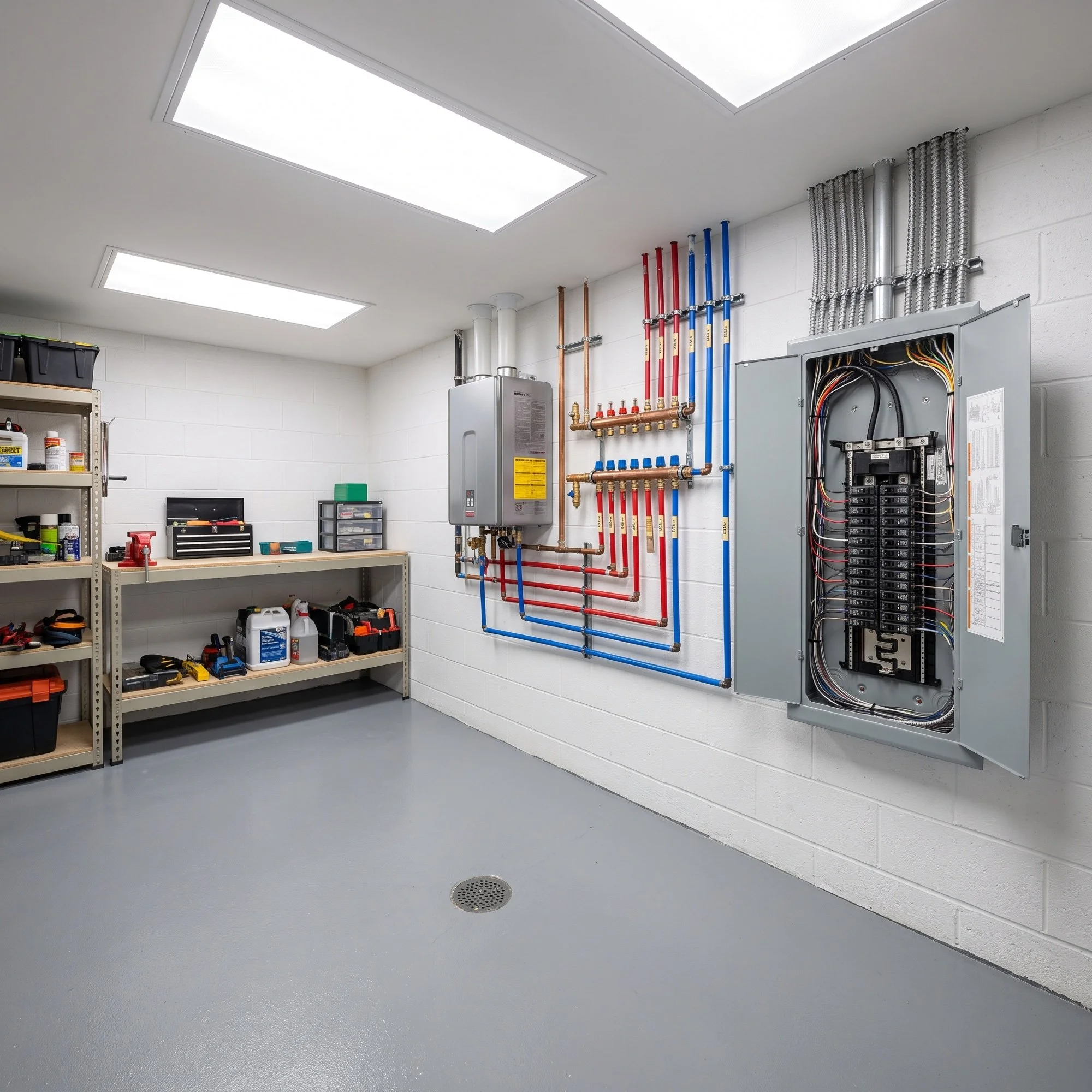Design rendering of a residential mechanical room with plumbing manifold and electrical panel - not a completed Raimo Renovations project