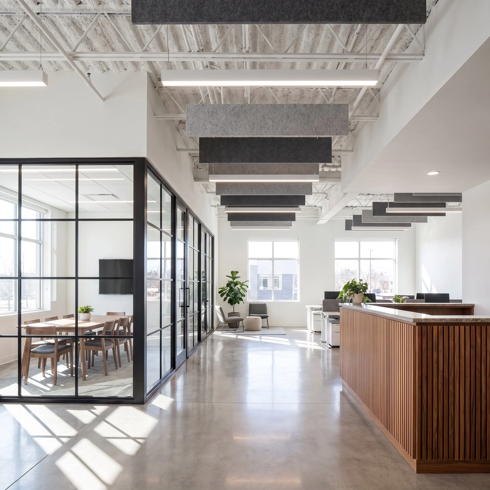 Design rendering of an office build-out concept - not a completed Raimo Renovations project