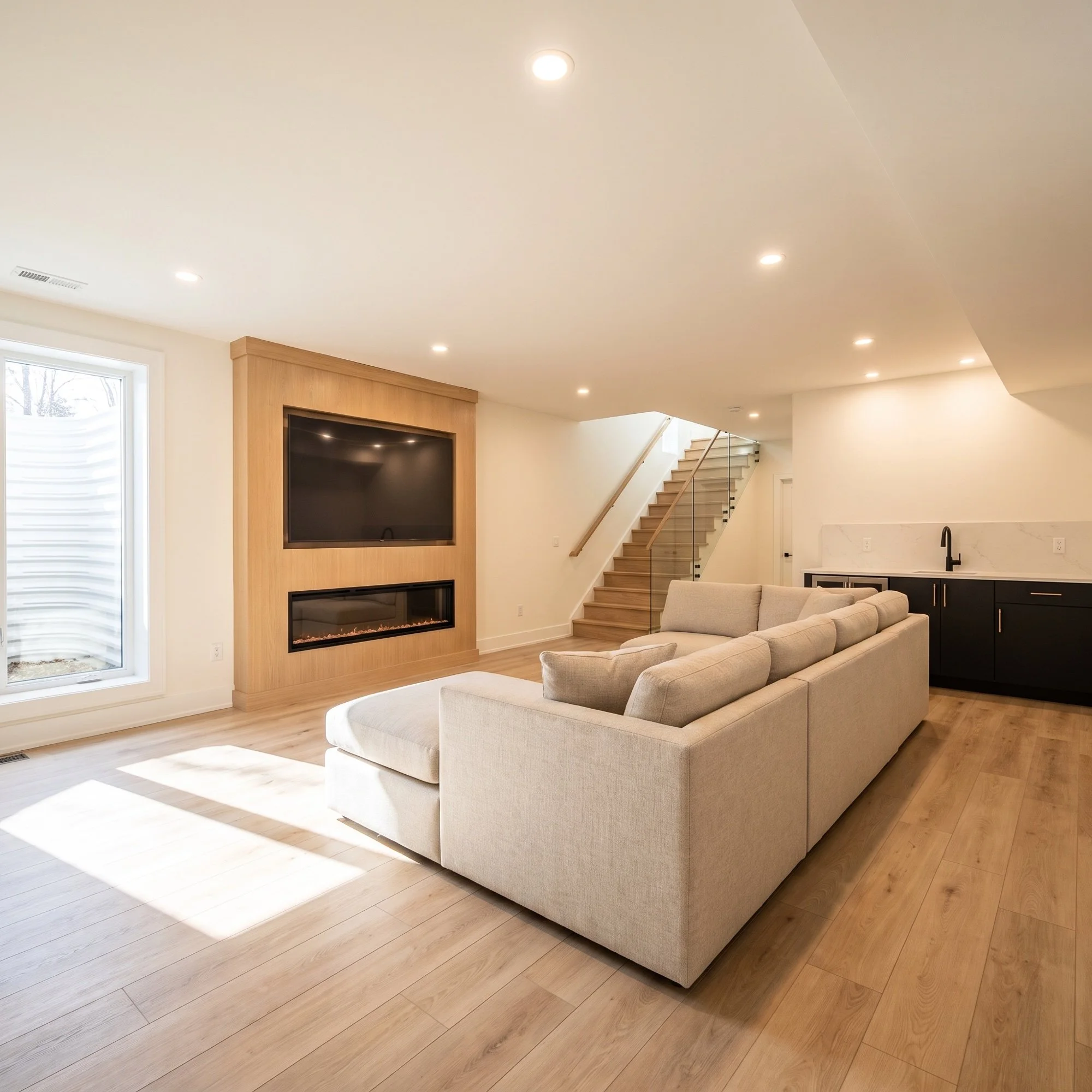 Design rendering of a finished basement concept - not a completed Raimo Renovations project