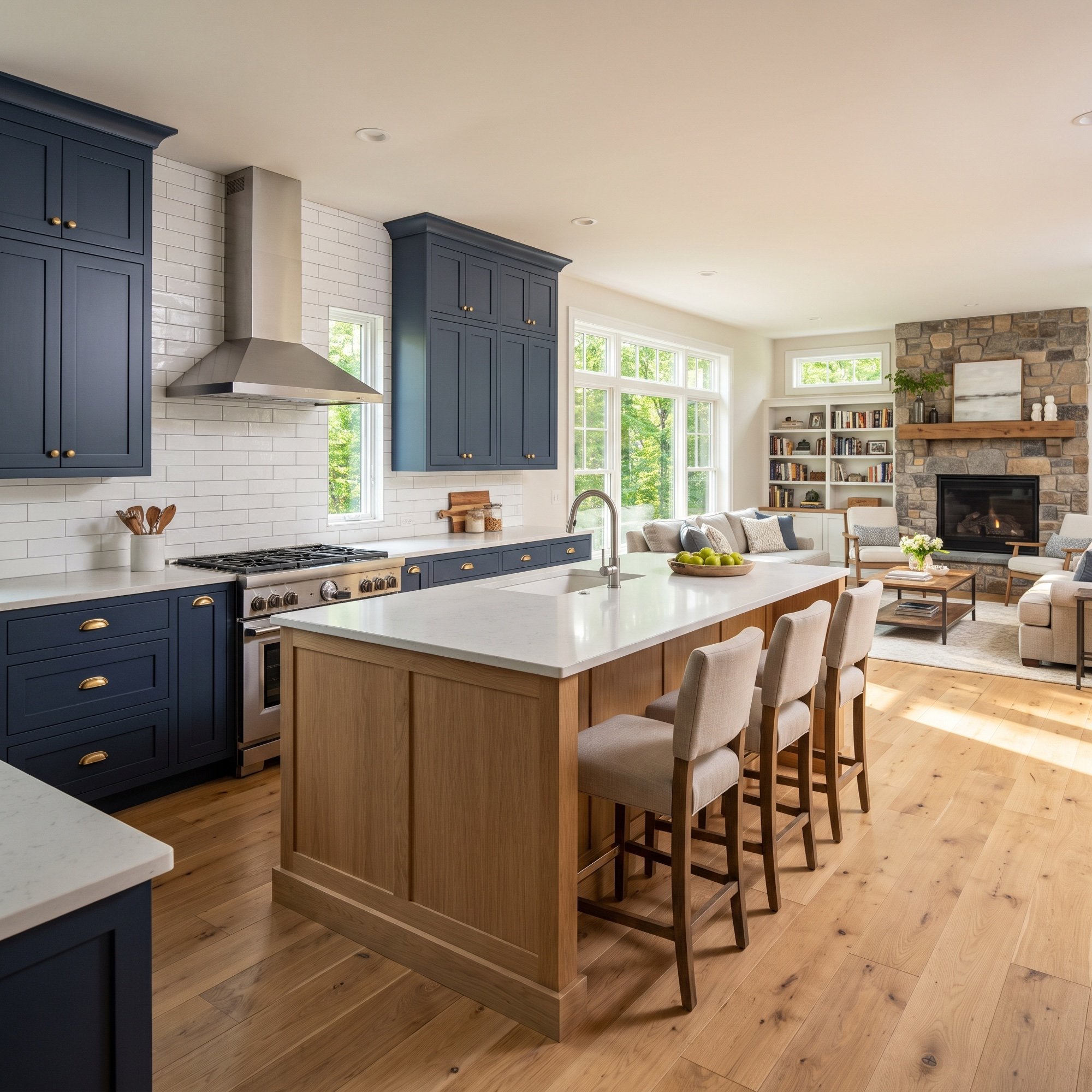 Design rendering of an open-plan kitchen and family room concept - not a completed Raimo Renovations project