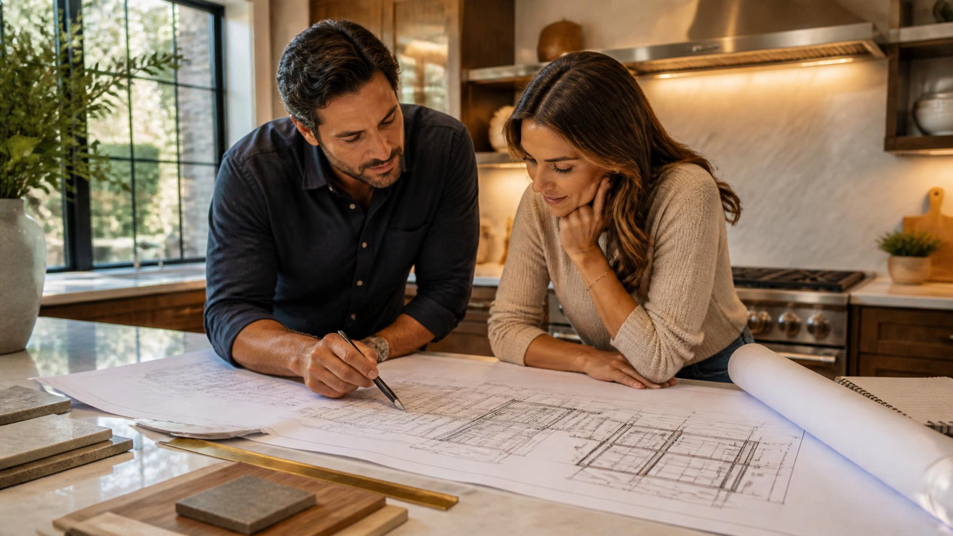 Couple looking over custom home build architecture plans and selections list