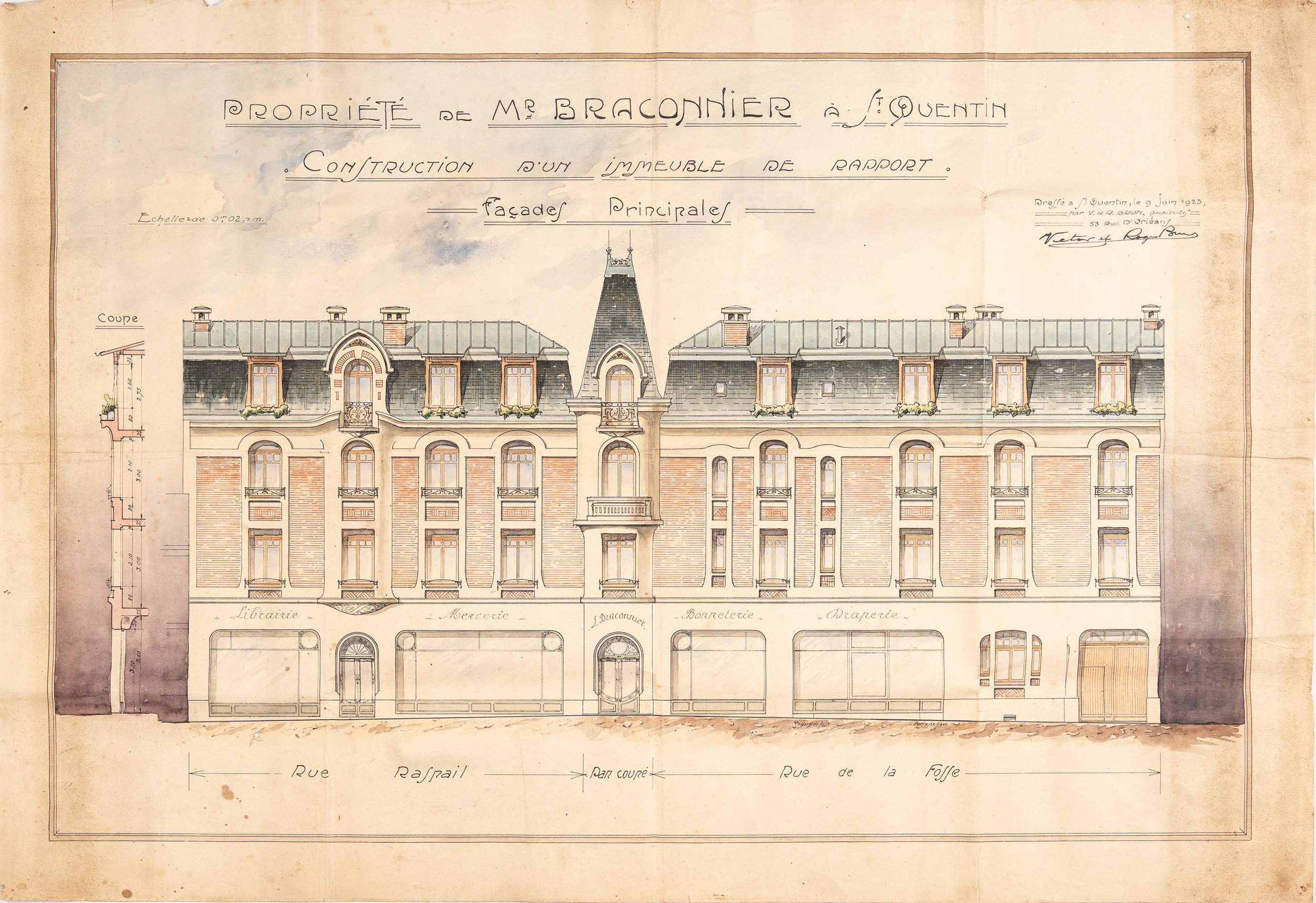 Victor et Roger Brun. Construction d'un immeuble de rapport à Saint-Quentin (Aisne). 1923.