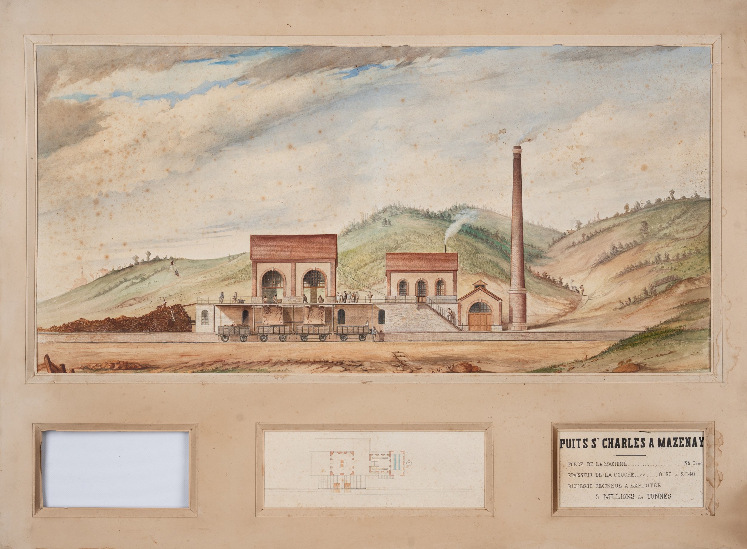 Vue du puits Saint-Charles à Mazenay (mine de fer, Saône-et-Loire), (1867).