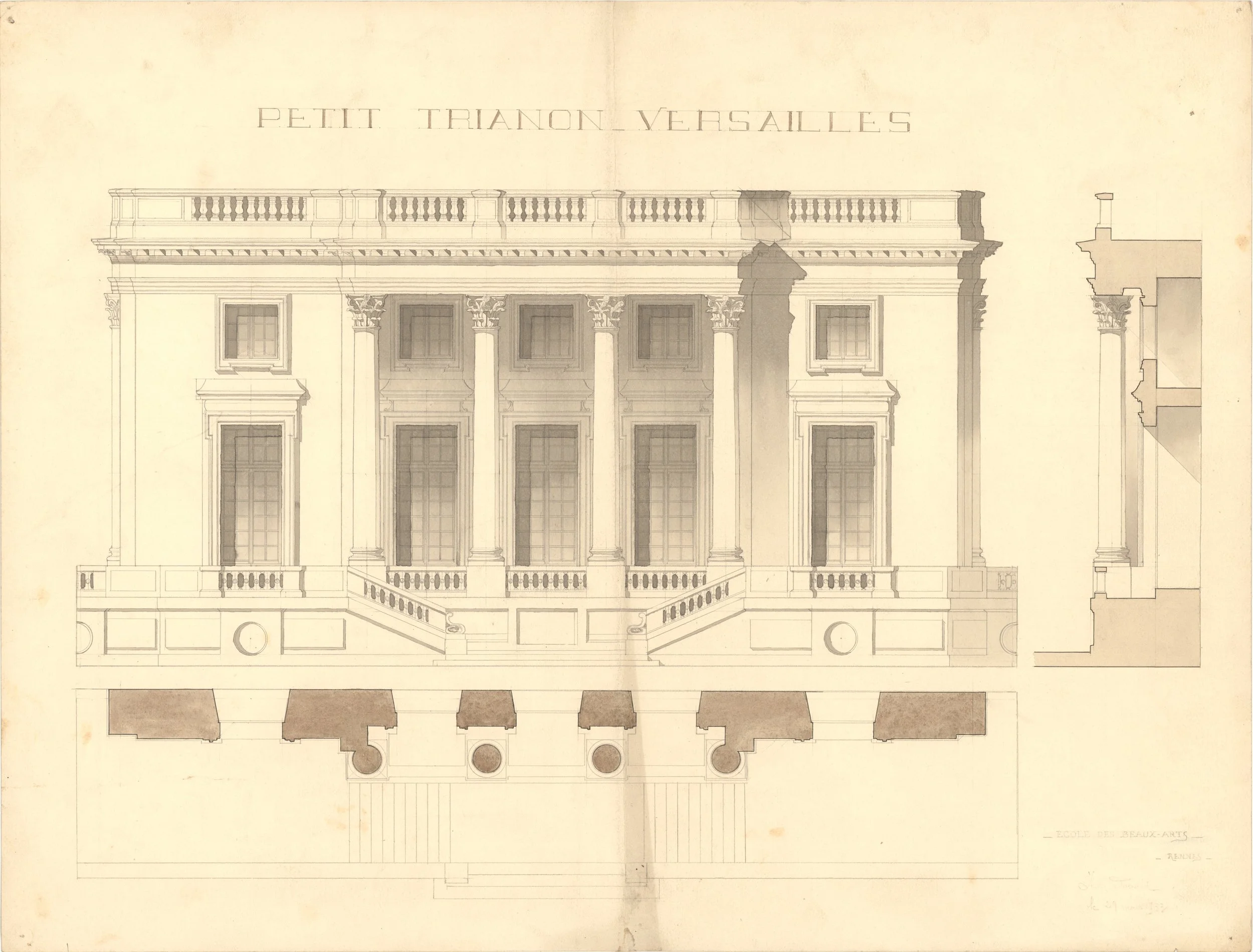 Élévation, plan-masse et coupe de la façade du Petit Trianon (Versailles, Yvelines). 1933.