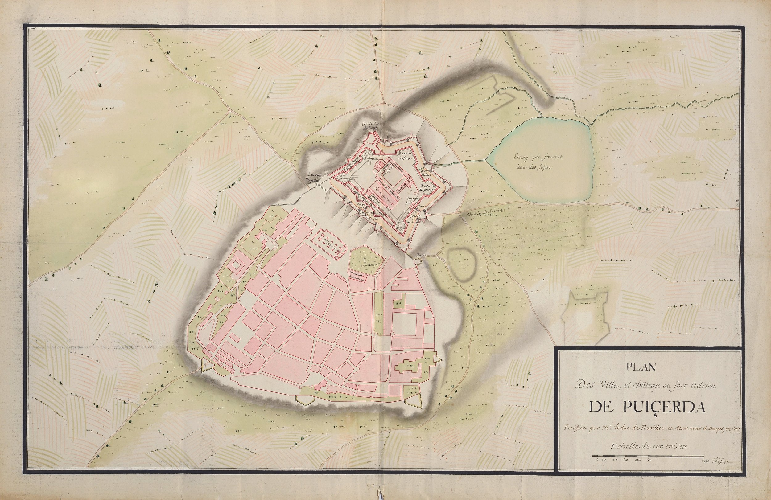 Plan manuscrit ancien, ville et château de Puigcerdà, Catalogne Cerdagne