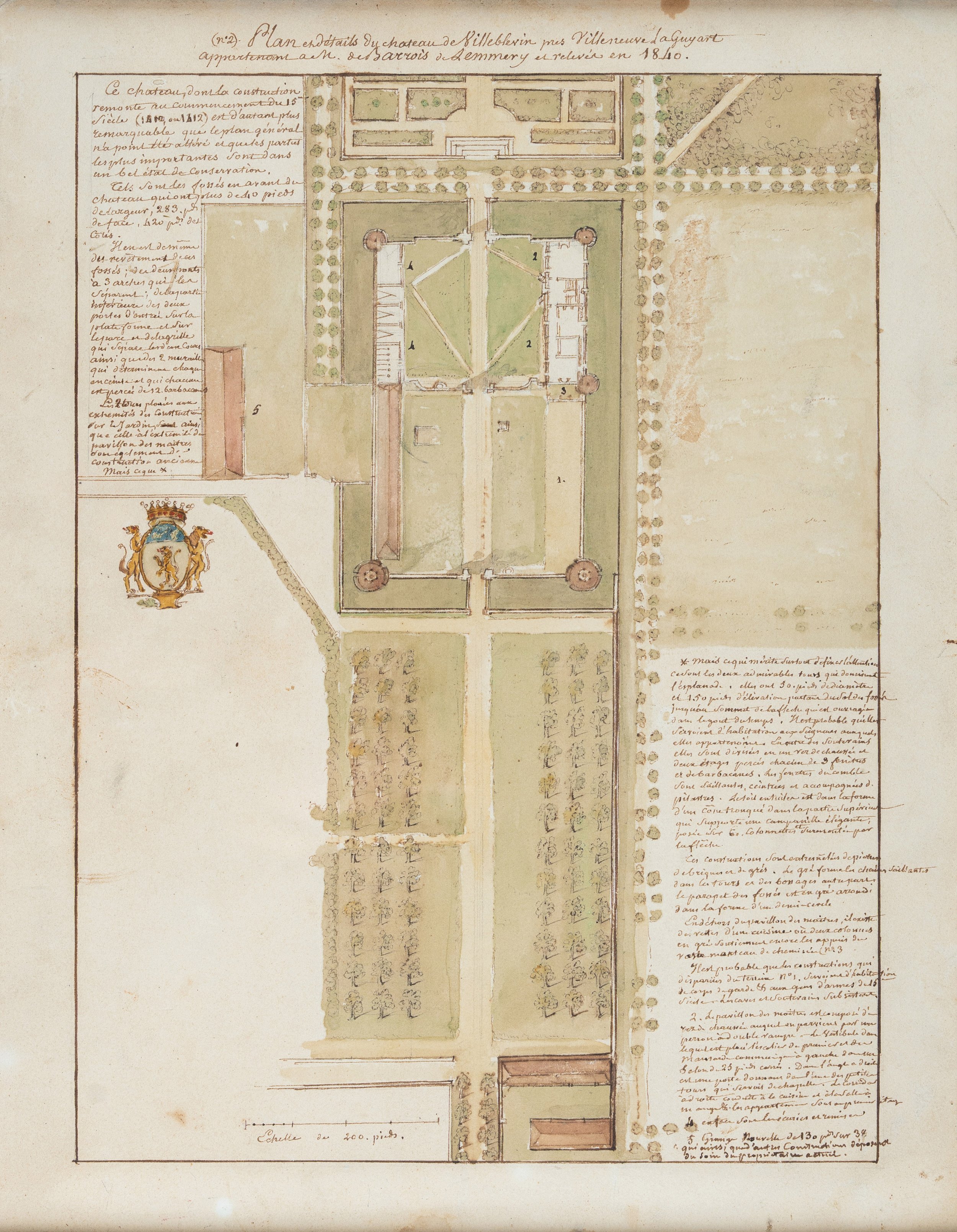 Plan du château de Villeblevin (Yonne) relevé en 1840.