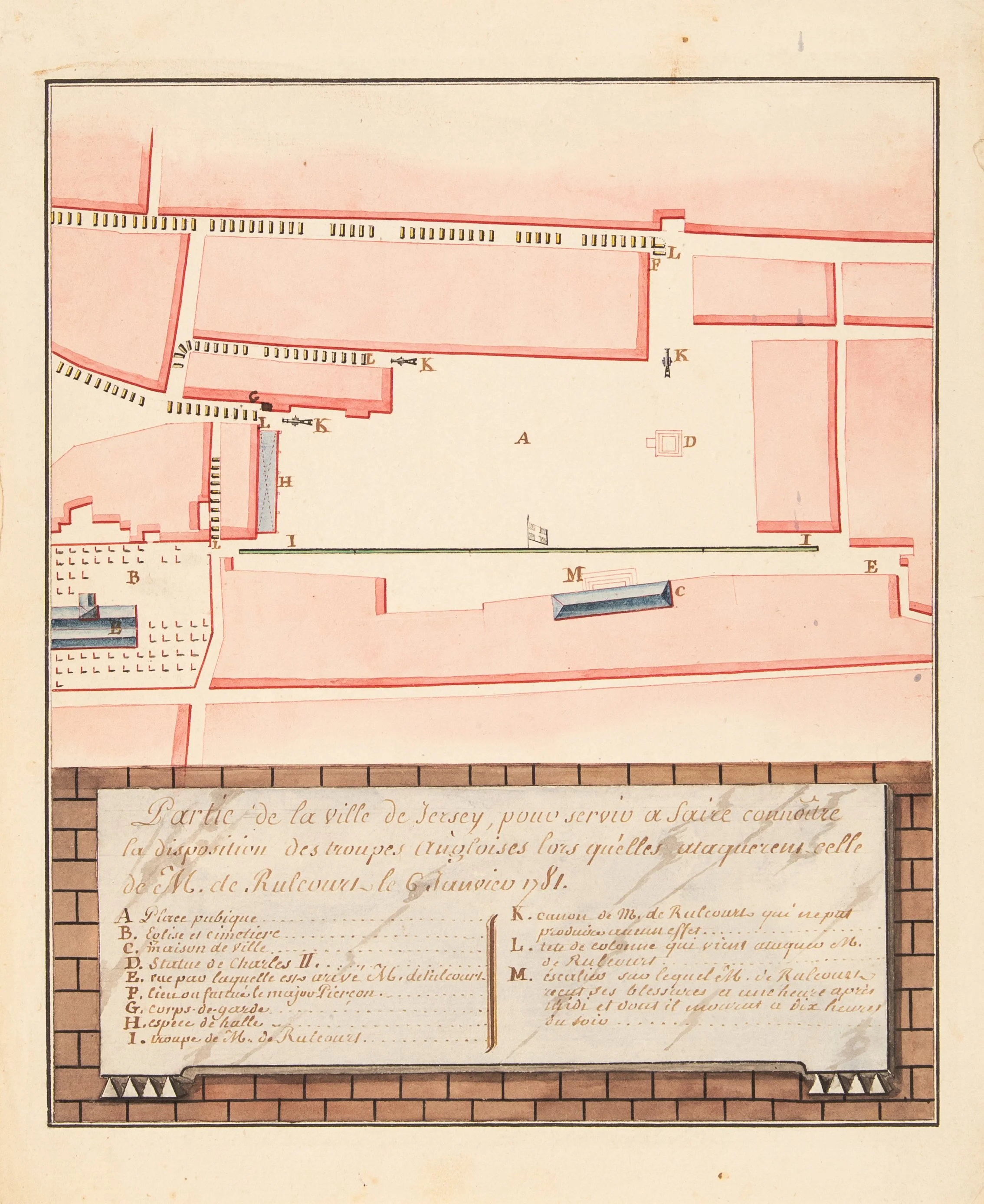 Plan manuscrit ancien Bataille de Jersey Rullecourt