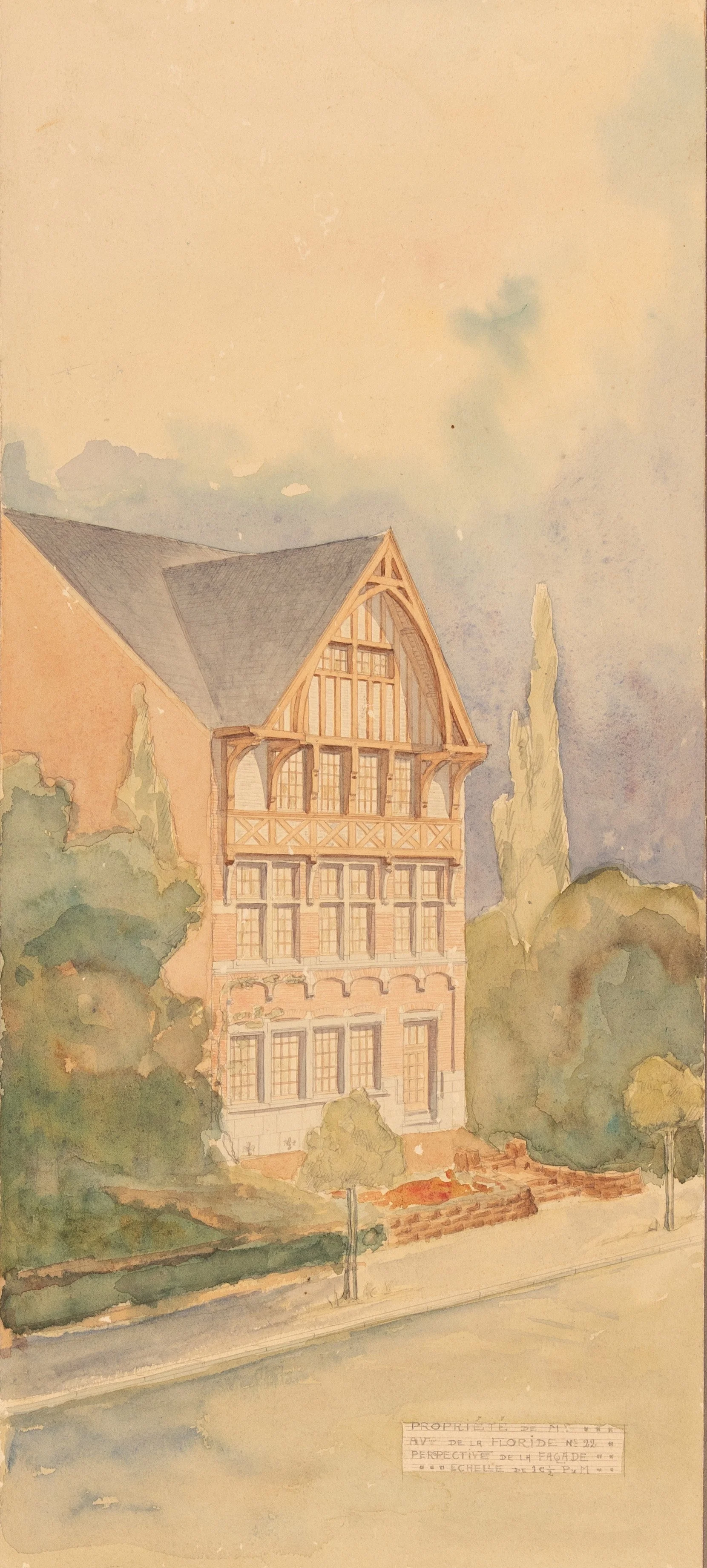 Aquarelle originale maison Uccle avenue de Floride