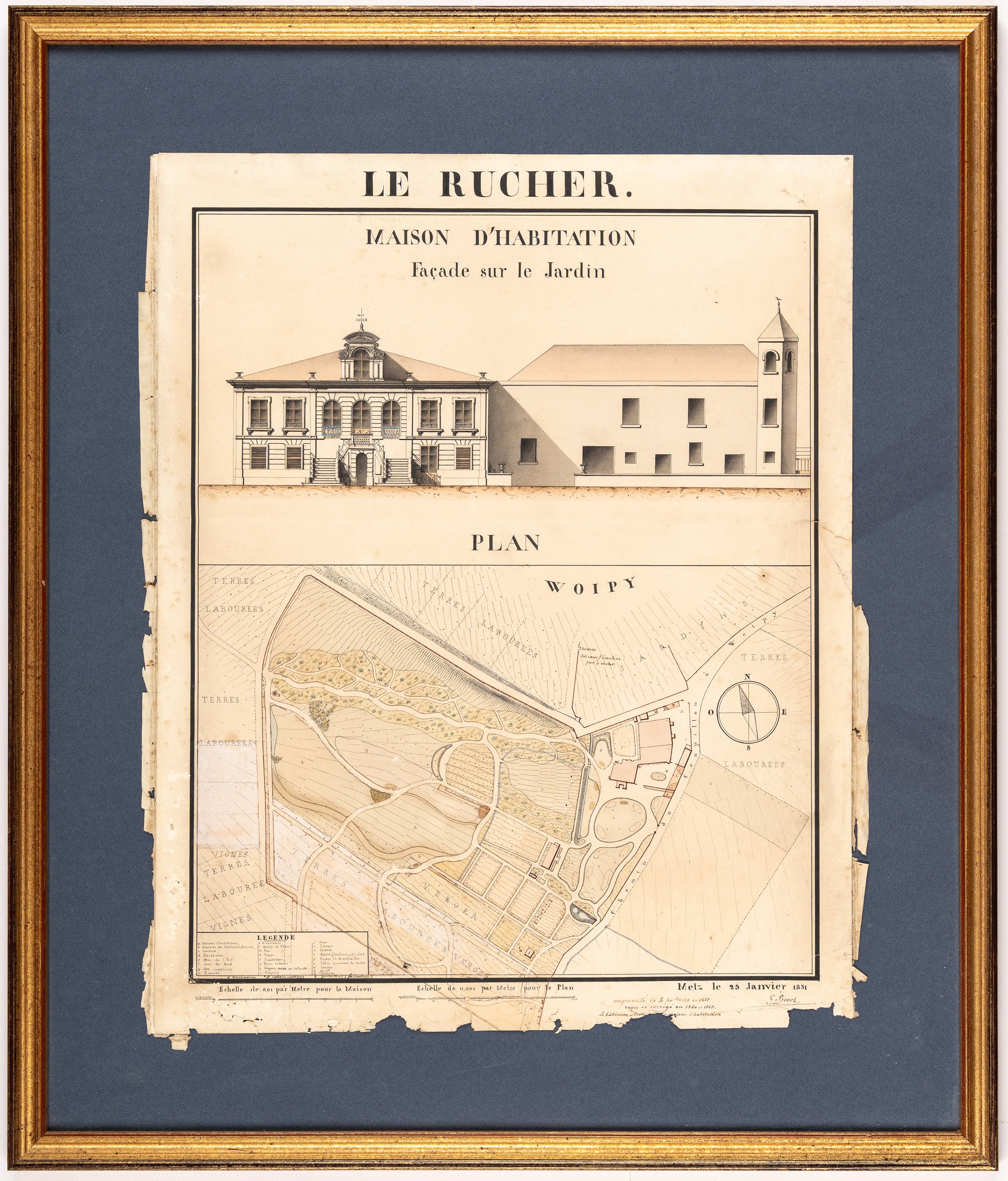 G. Bouch. Élévation et plan de la maison d’habitation dite « le Rucher » à Woippy (Moselle). (1851).