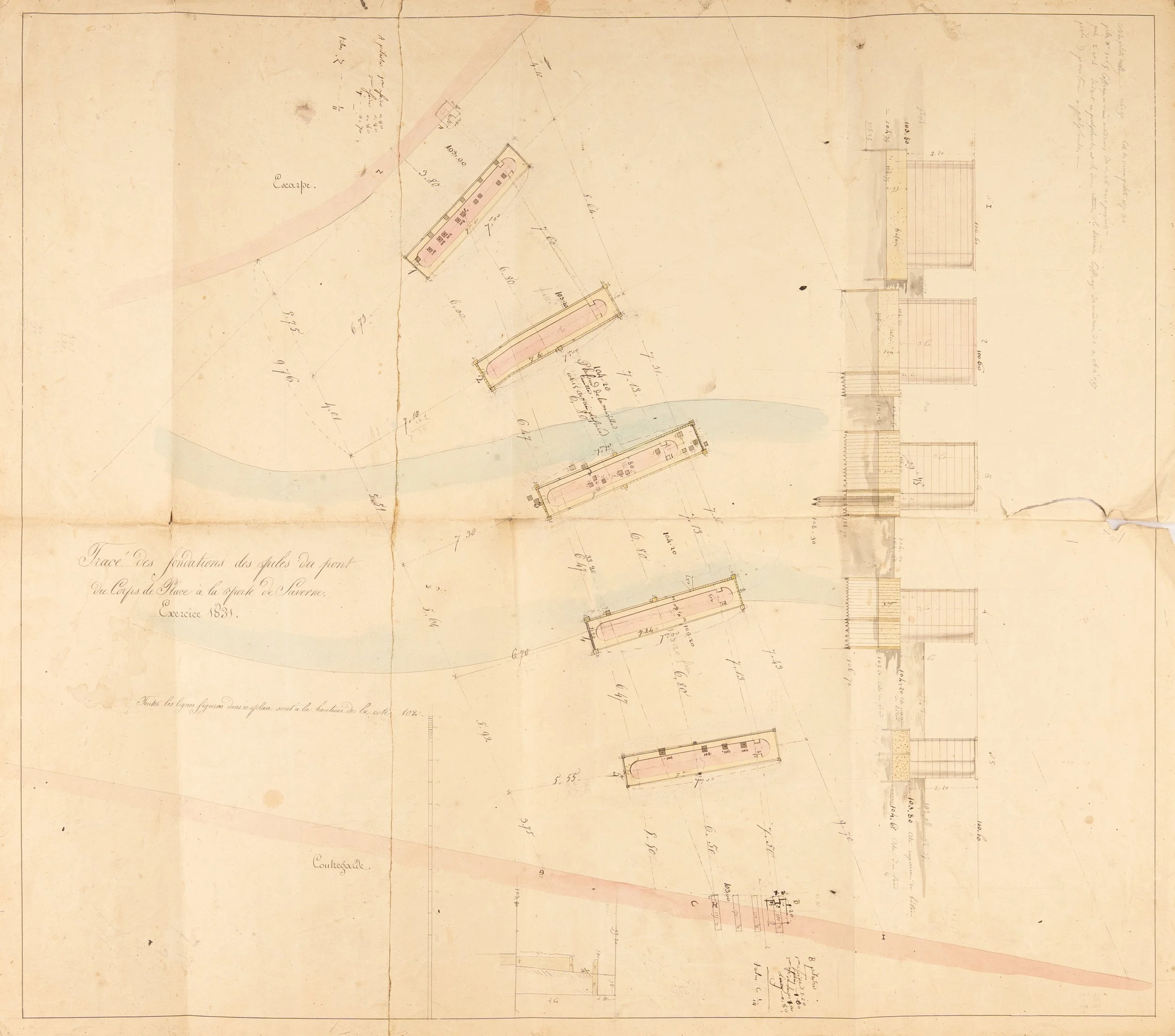 Tracé des fondations des piles du pont du Corps de Place à la porte de Saverne (Strasbourg, Bas‑Rhin). 1831.