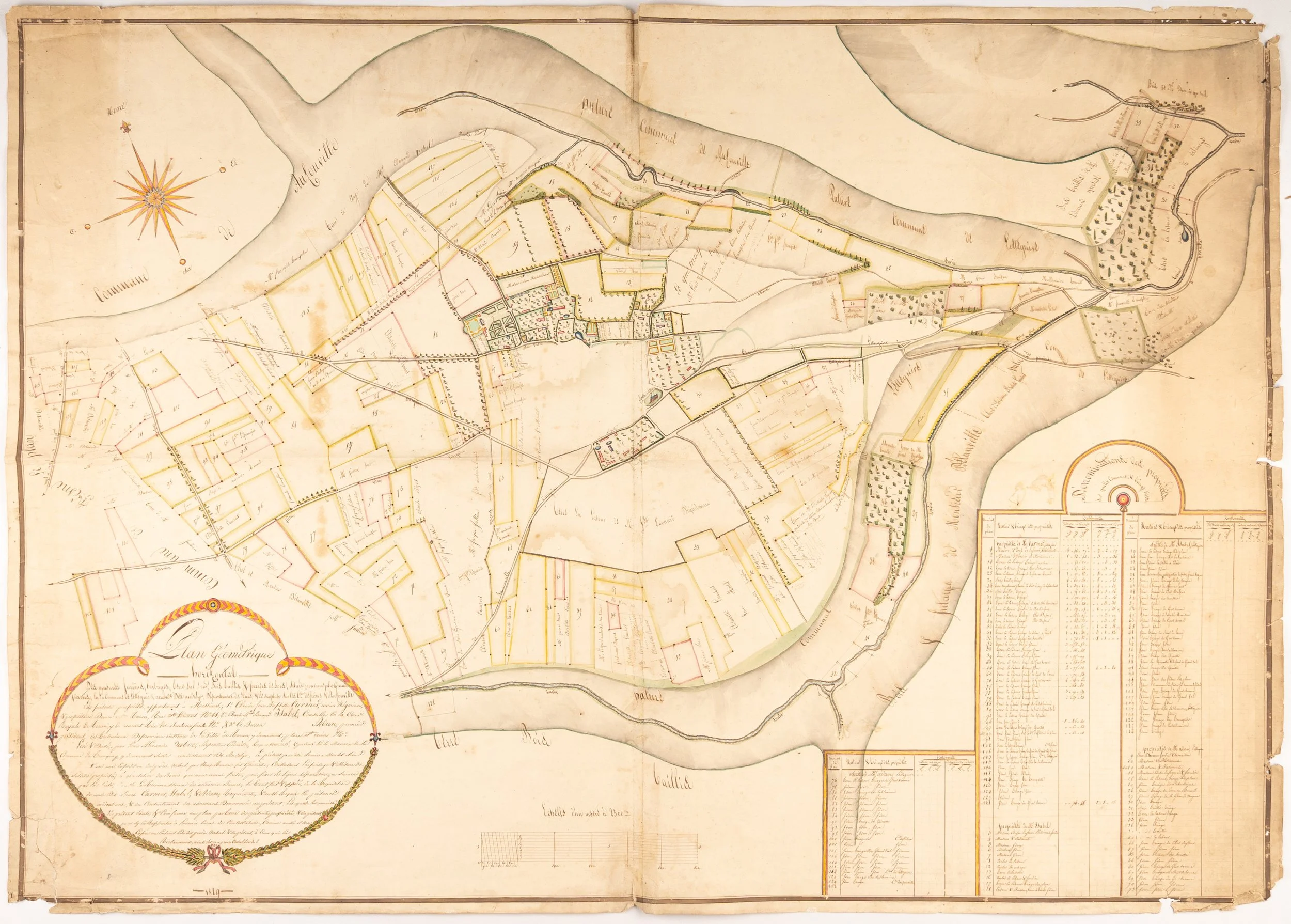 Plan des propriétés des Messieurs Curmer, Isabel et du Baron Adam à Letteguives (Eure), [ainsi qu’à Fresne-le-Plan et Auzouville-sur-Ry (Seine-Maritime)]. 1829.