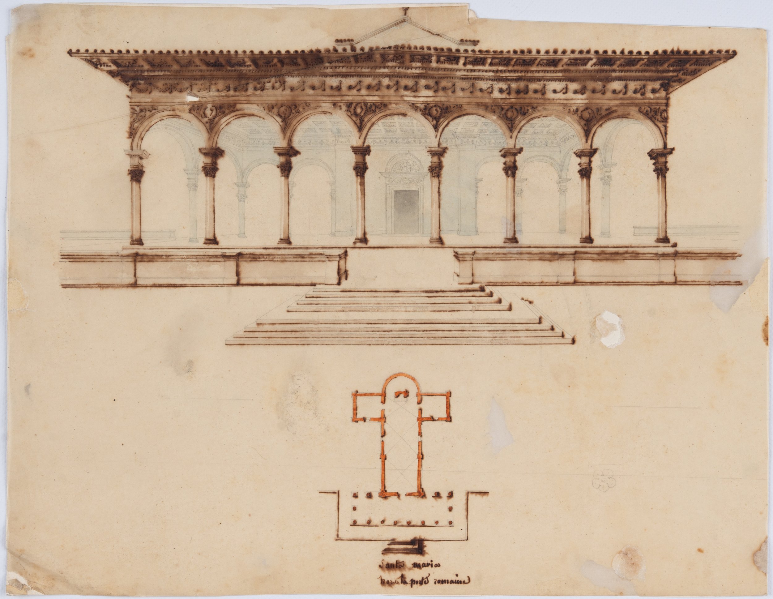 Charles-Frédéric Chassériau. Portique et Plan de l’église Santa Maria delle Grazie à Arezzo (Toscane), (1820).