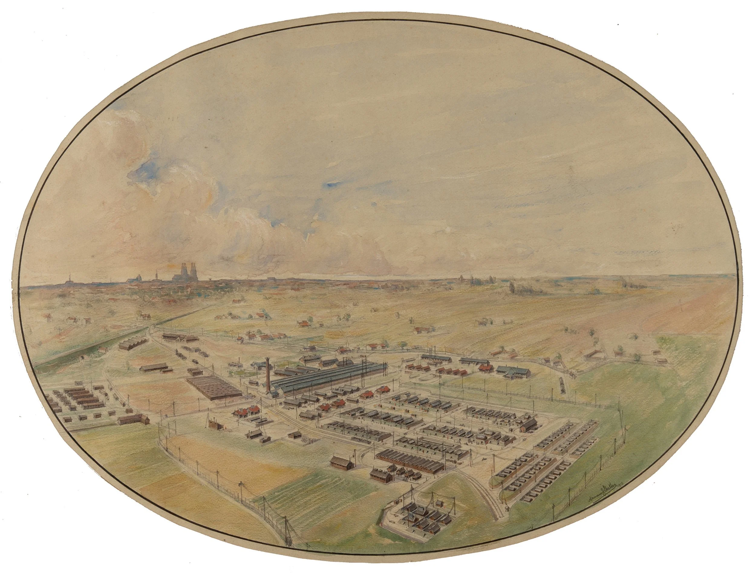 Aquarelle originale détail Muller Usines d'Ambert Ateliers d'Orléans