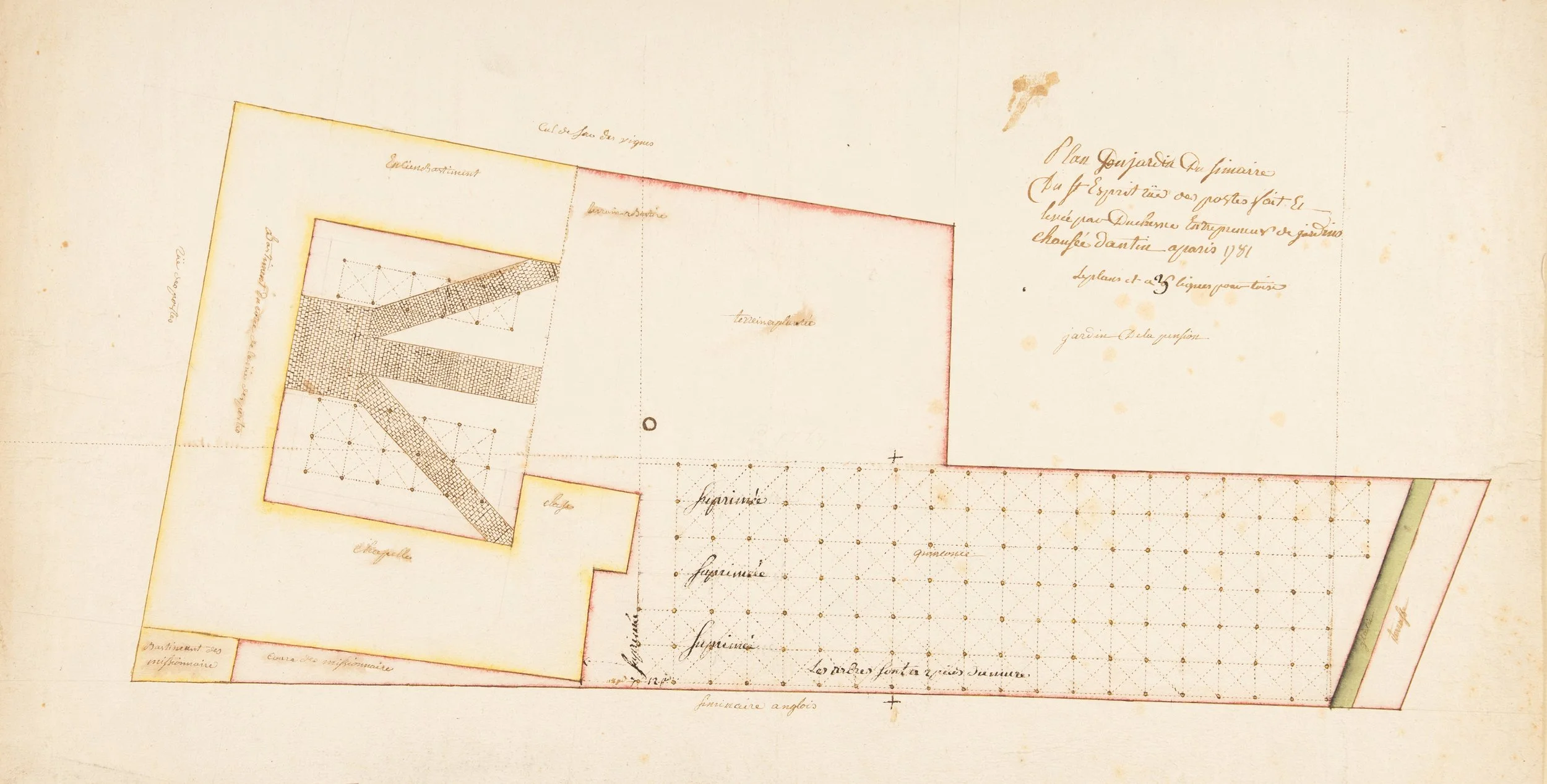 Plan manuscrit Bartélémy Duchesne jardin séminaire Saint-Esprit