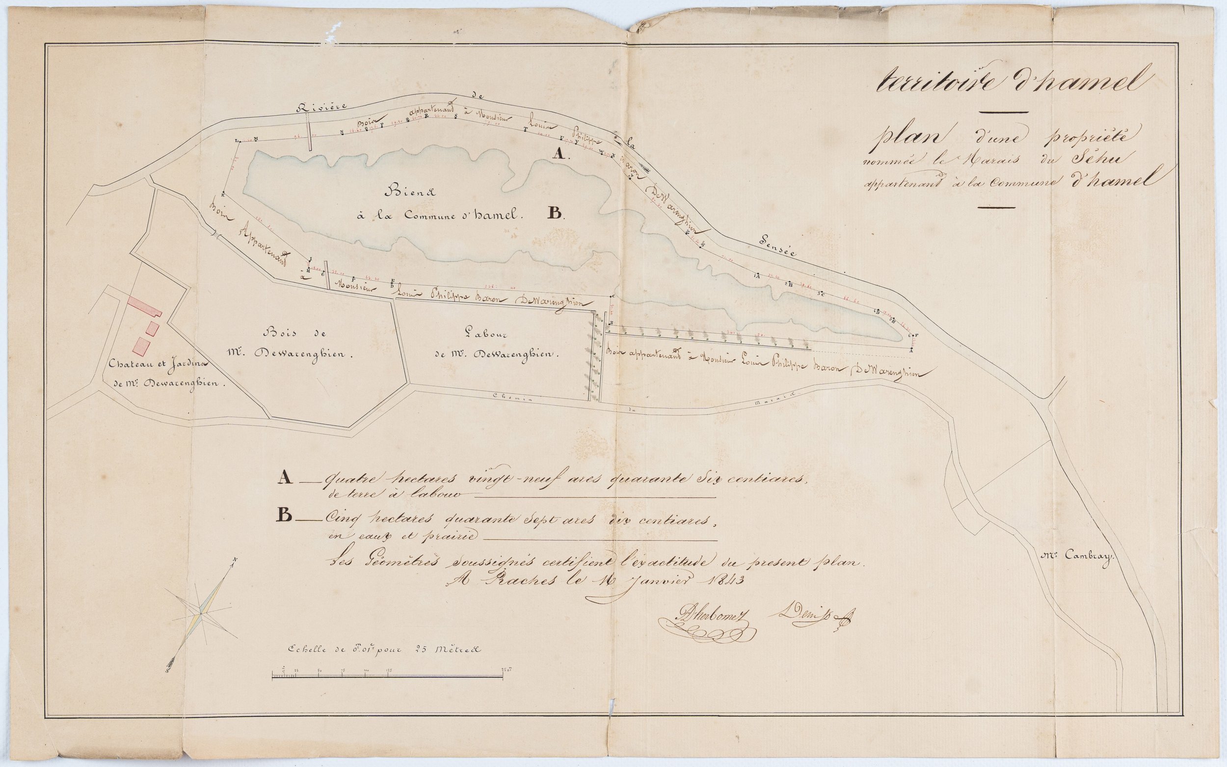 Plan de la propriété du Marais du Séhu à Hamel (Nord). 1843.