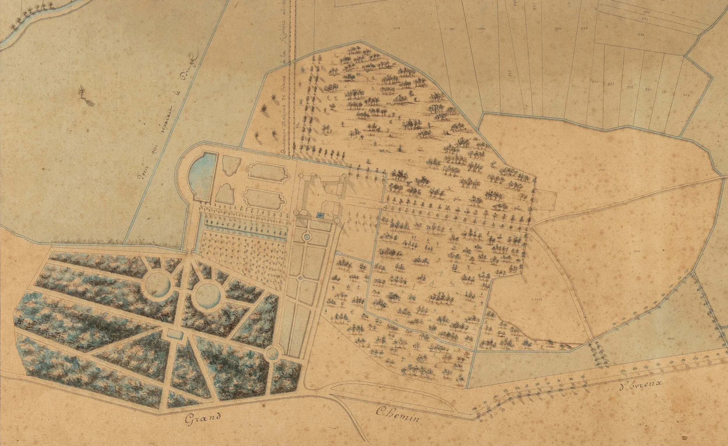 Plan manuscrit manoir ferme de Vaux et son parc, détail