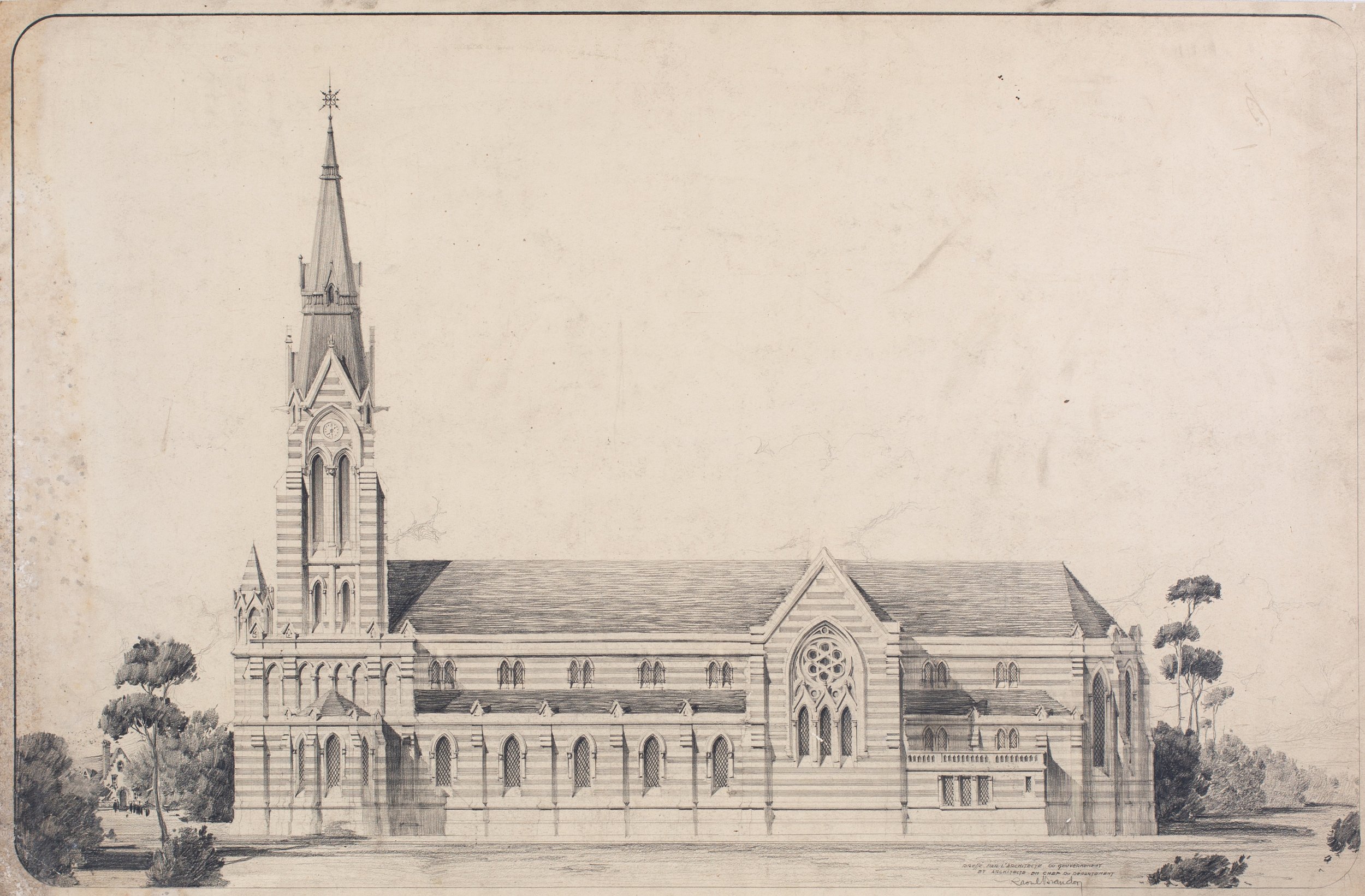 Raoul Brandon. Élévation latérale de l’église Saint‑Martin de Nieppe (Nord).