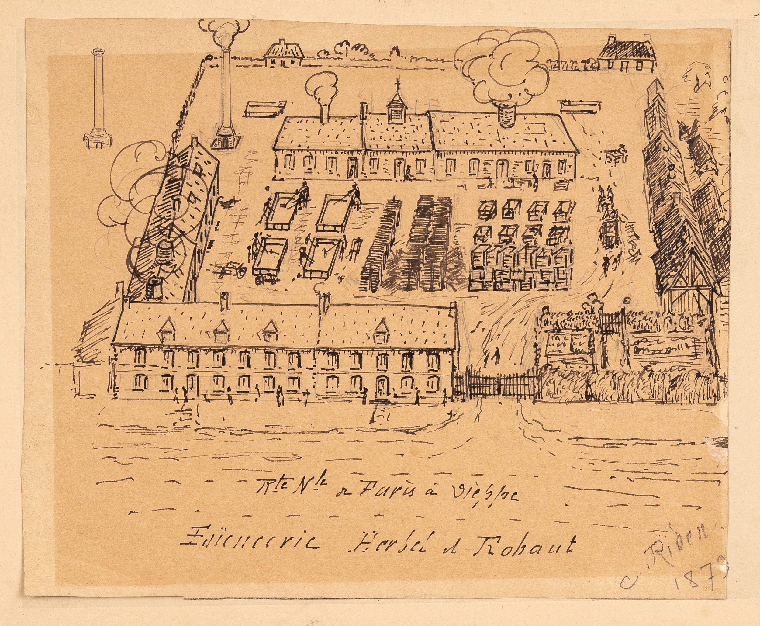Vue aérienne de l’ancienne faïencerie Herbel et Rohaut à Forges-les-Eaux (Seine-Maritime), 1870.