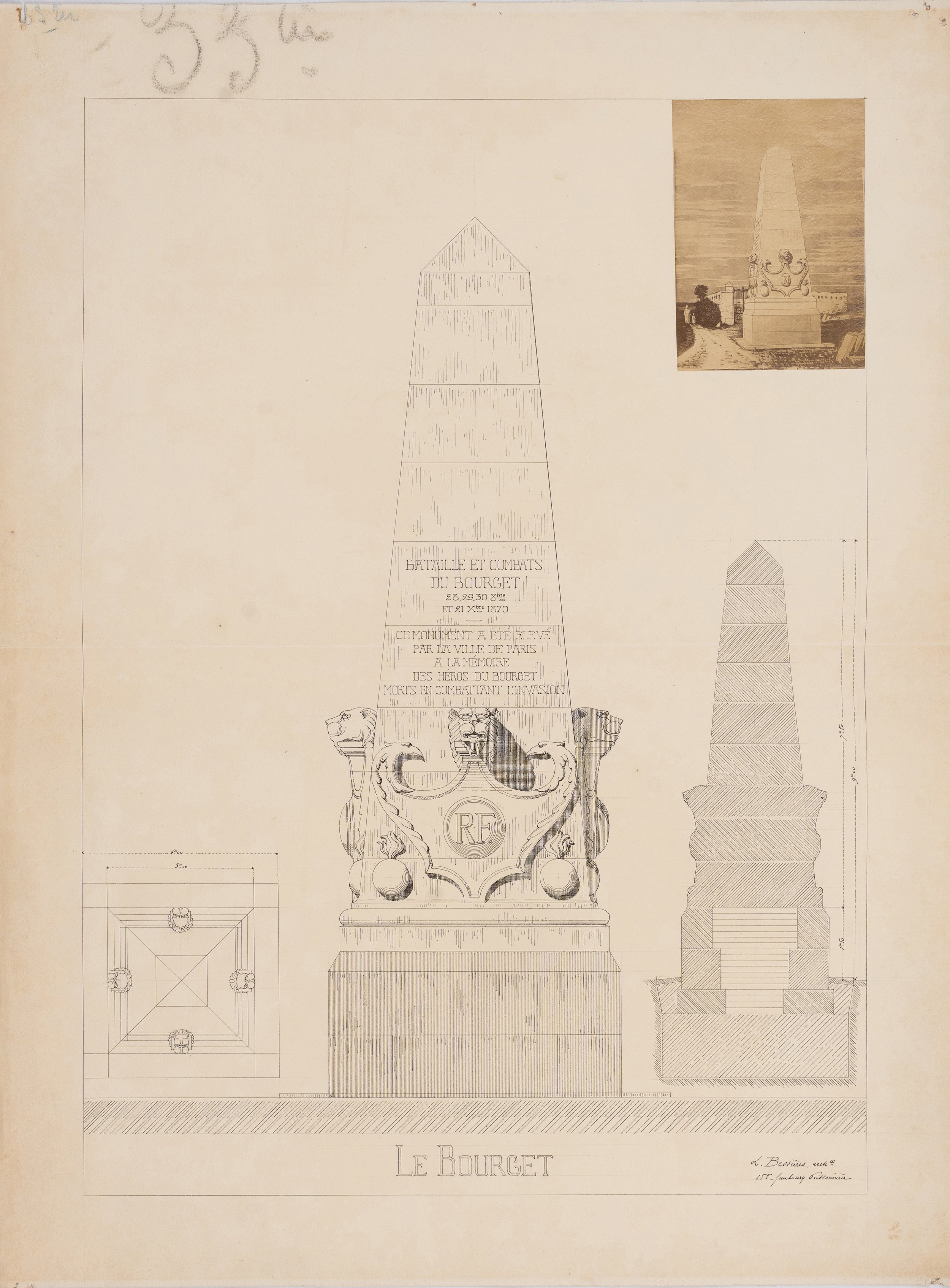 Lucien Bessières. Projet de monument commémorant les batailles du Bourget en 1870.