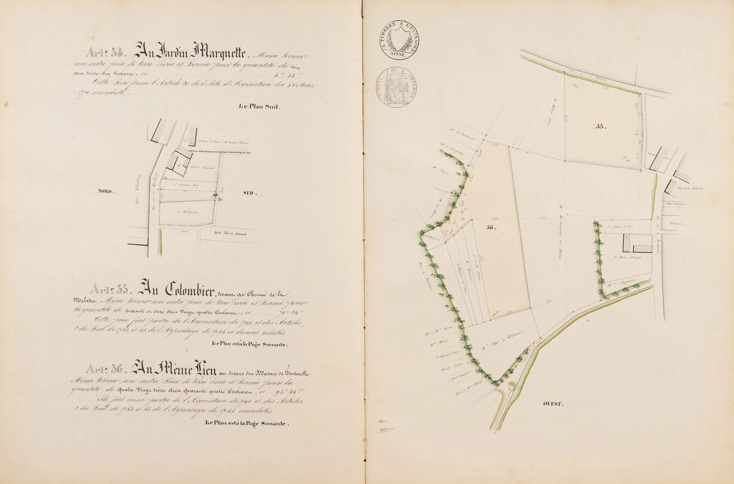 Recueil manuscrit et plans des terres Leclère à Glennes, Aisne