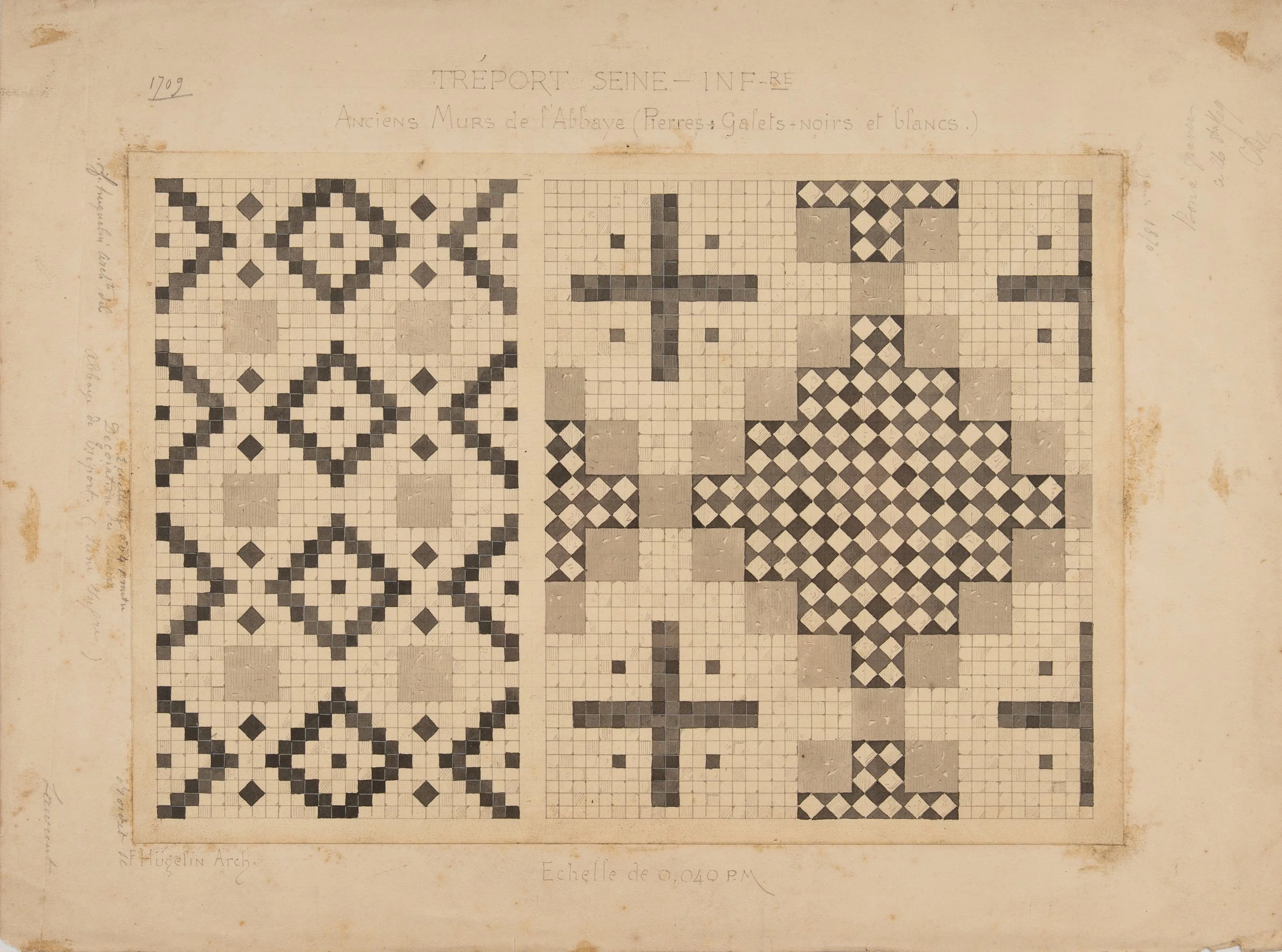 Victor François Hügelin. Murs en galets de l'abbaye du Tréport (Seine-Maritime).