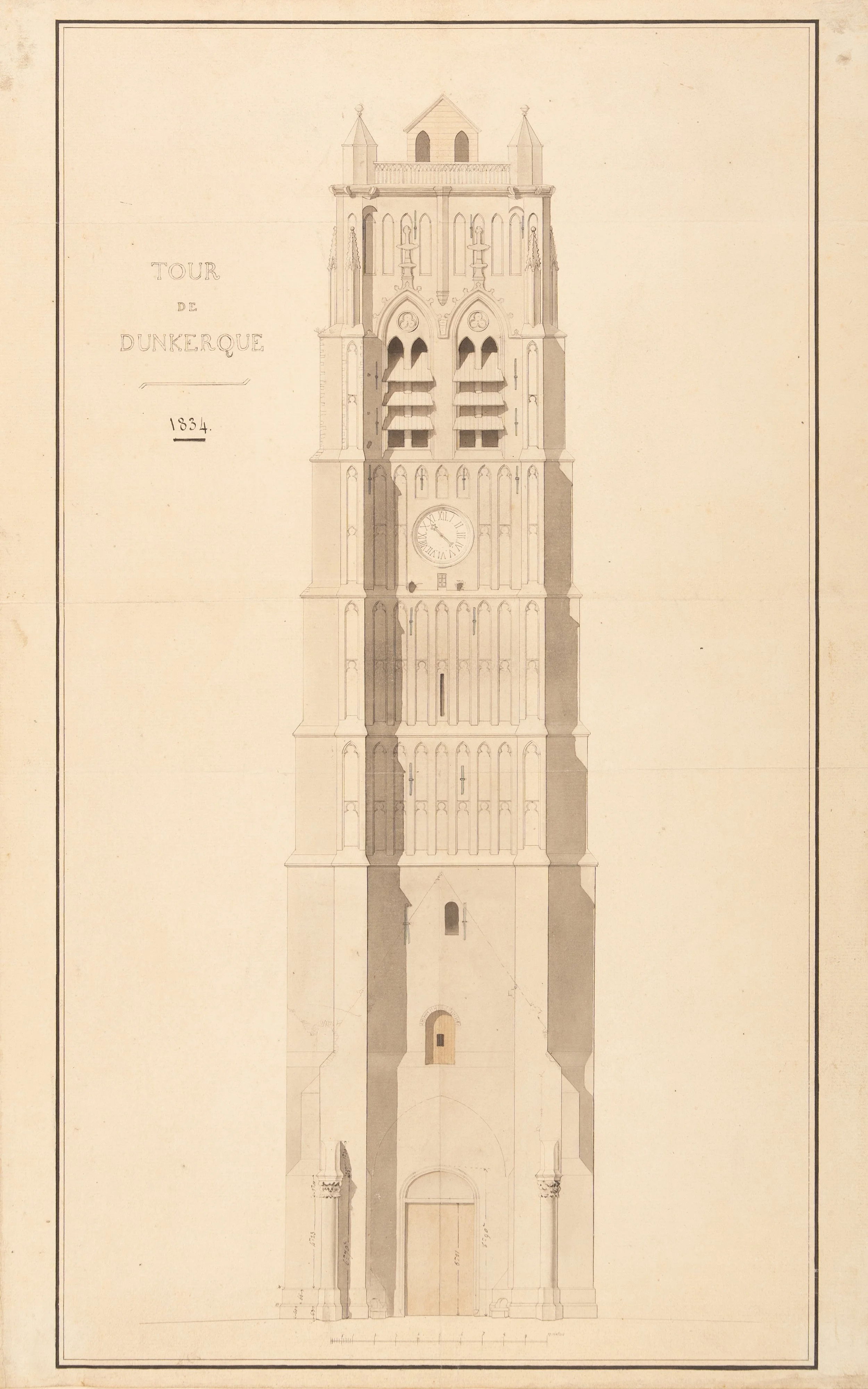 Dessin architecte Charles Henry Beffroi de Dunkerque 1834