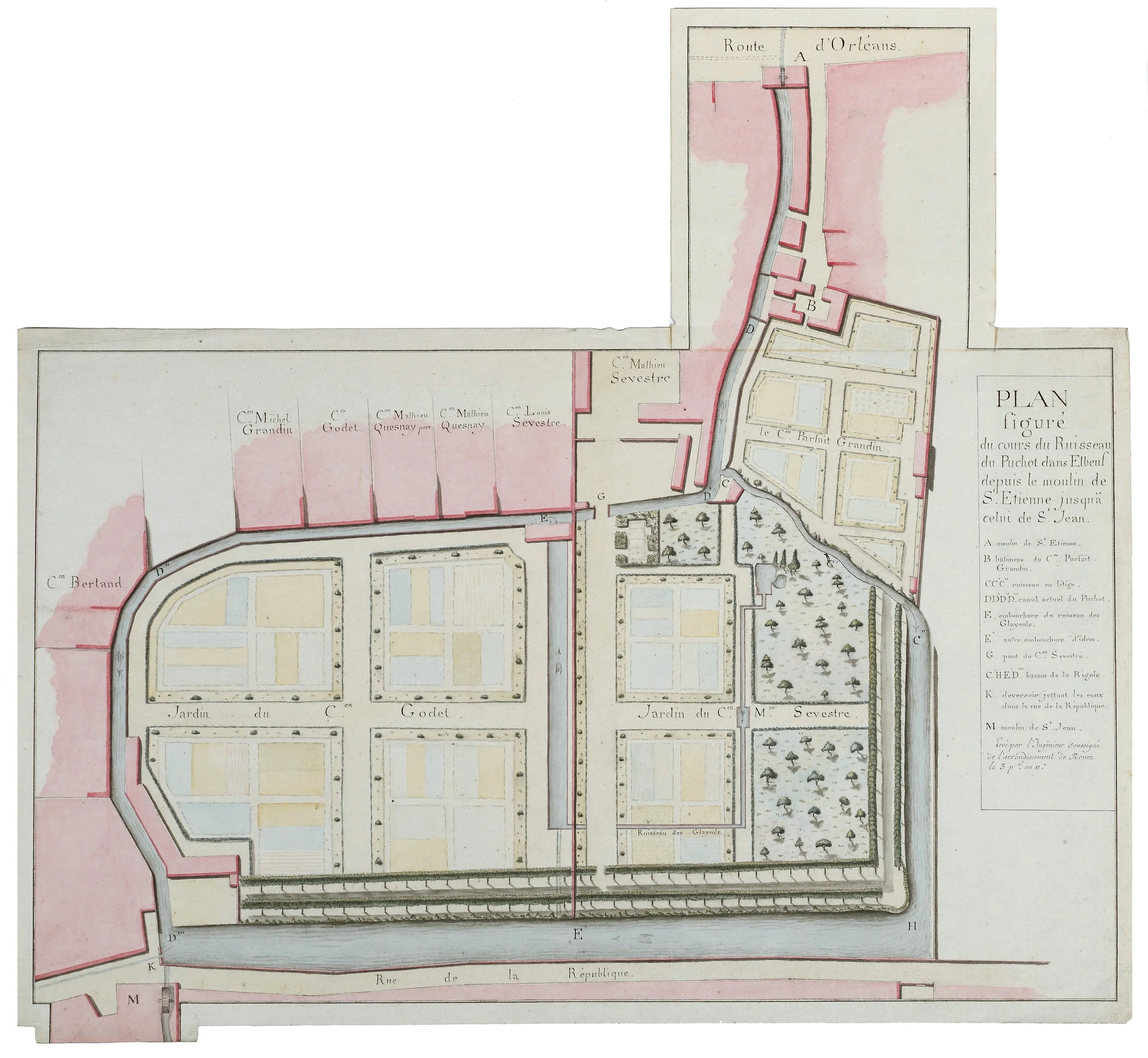 Plan du cours du ruisseau du Puchot à Elbeuf (Seine-Maritime). (1803).