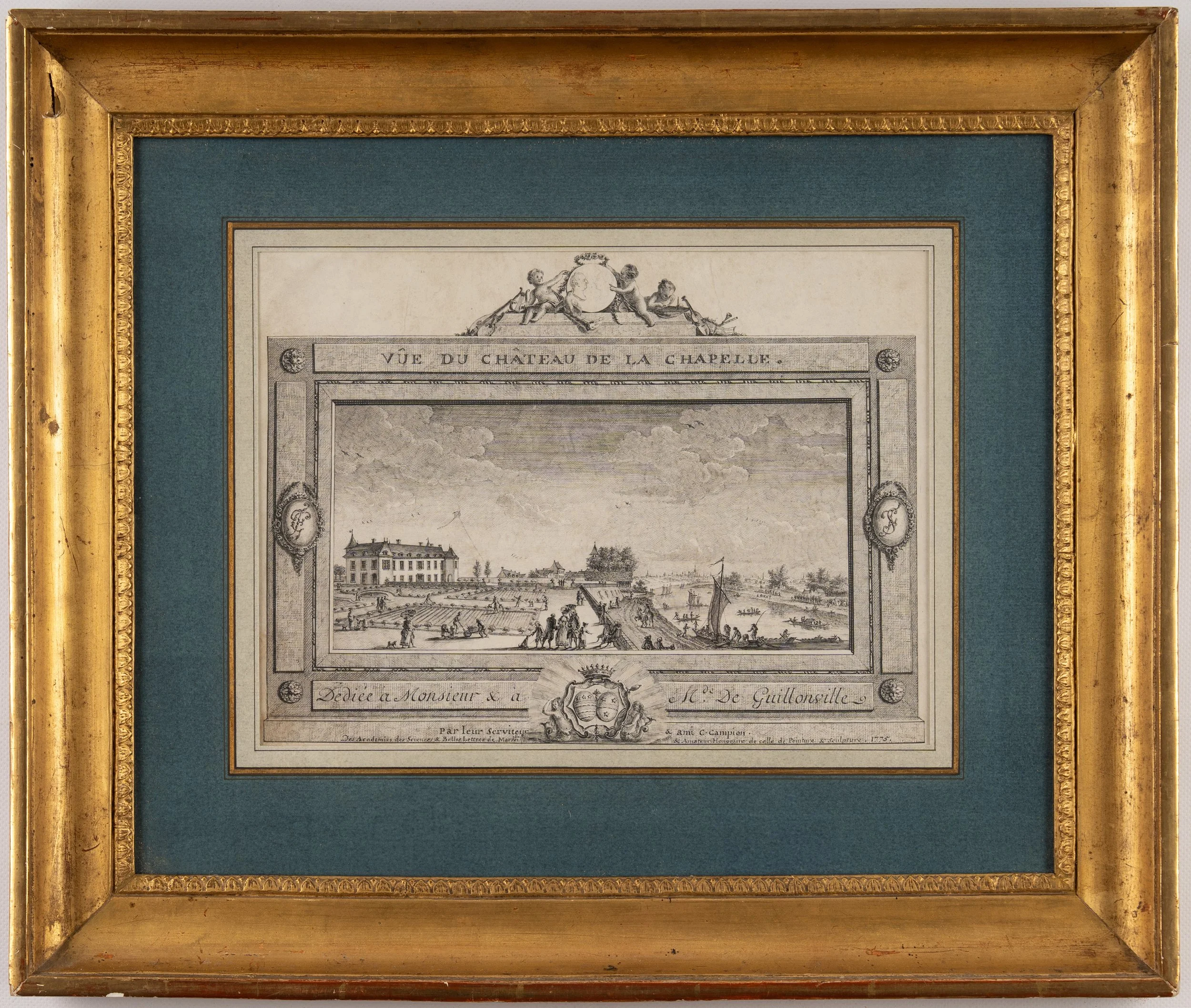 Campion Vue du château de La Chapelle-Saint-Mesmin, peau de vélin, cadre