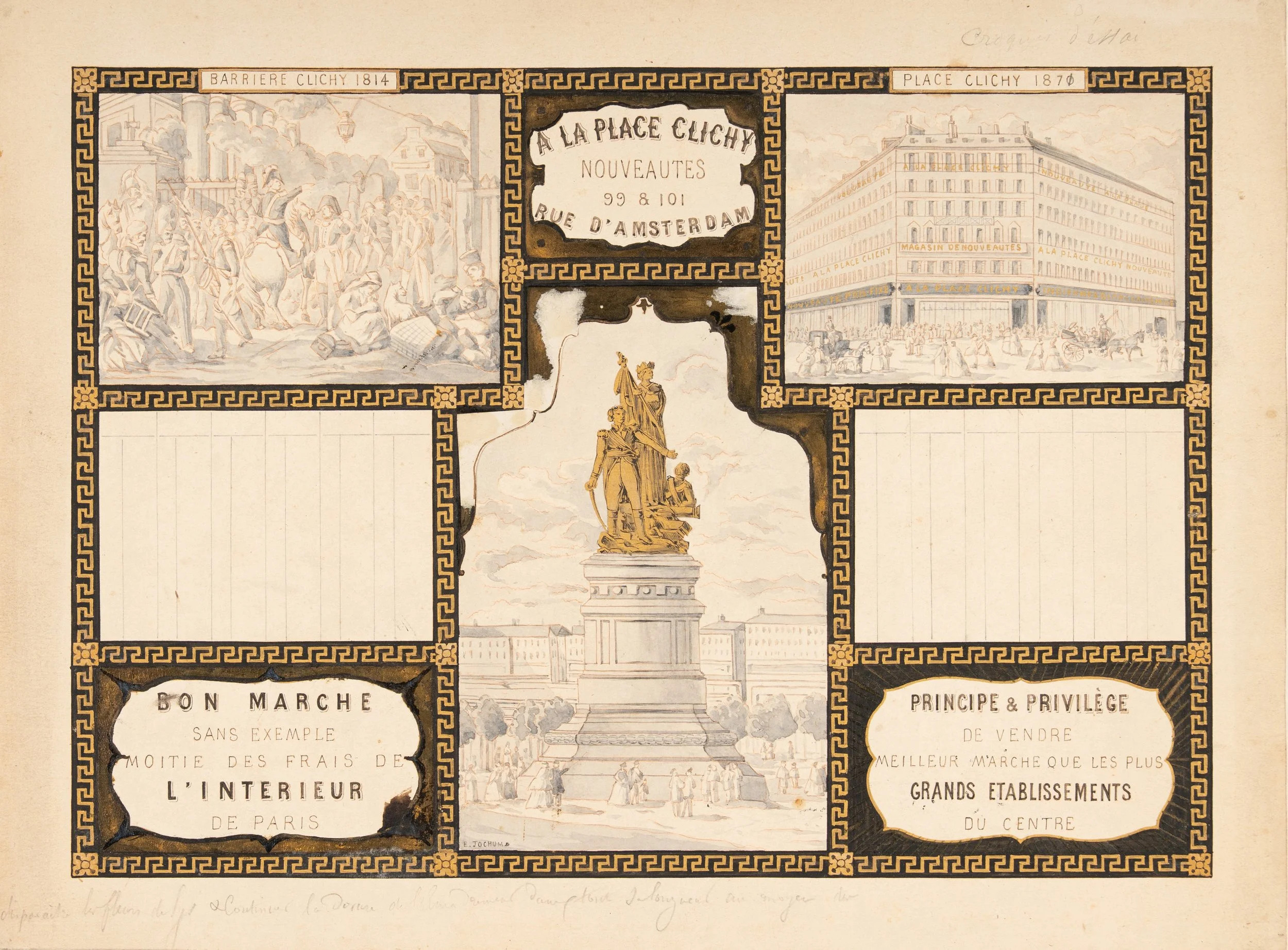 Maquette pour un calendrier commercial des grands magasins de la Place Clichy (Paris). [Dernier quart du XIXe siècle].