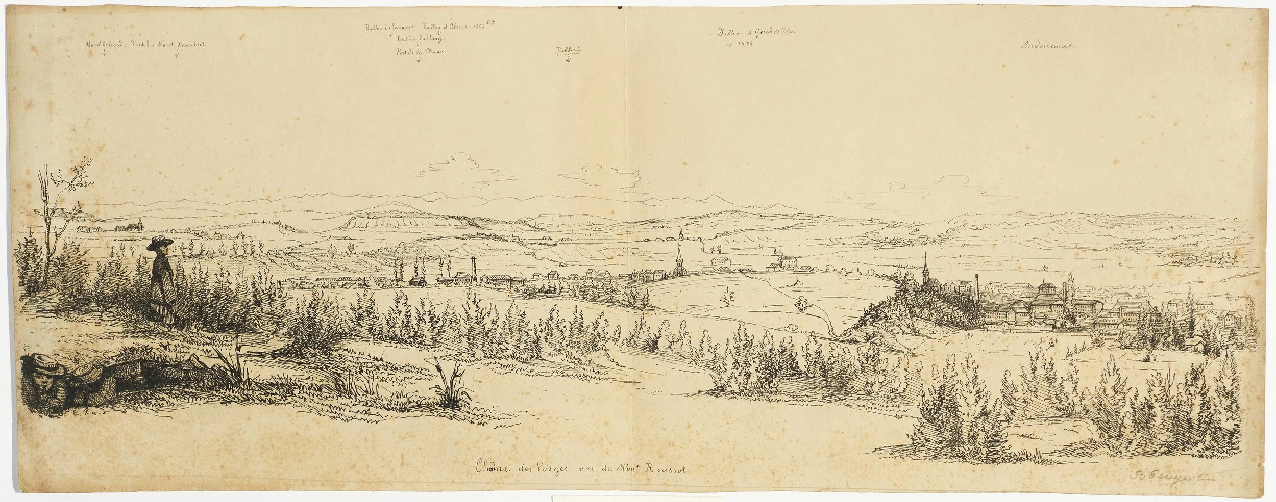 Vue de la chaîne des Vosges depuis le mont Roussot, avec Montbéliard, Belfort et Audricourt (Doubs et Territoire de Belfort). [Fin du XIXe siècle].