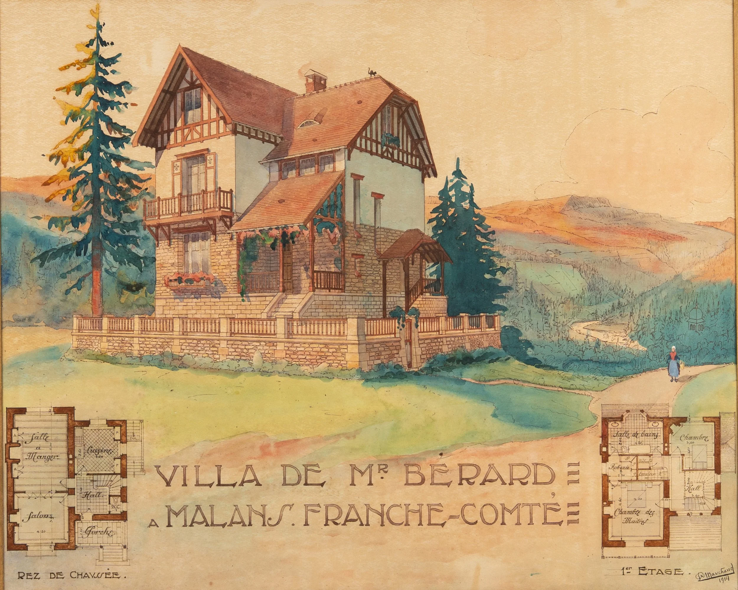 Aquarelle originale Villa Henriette Malans détail