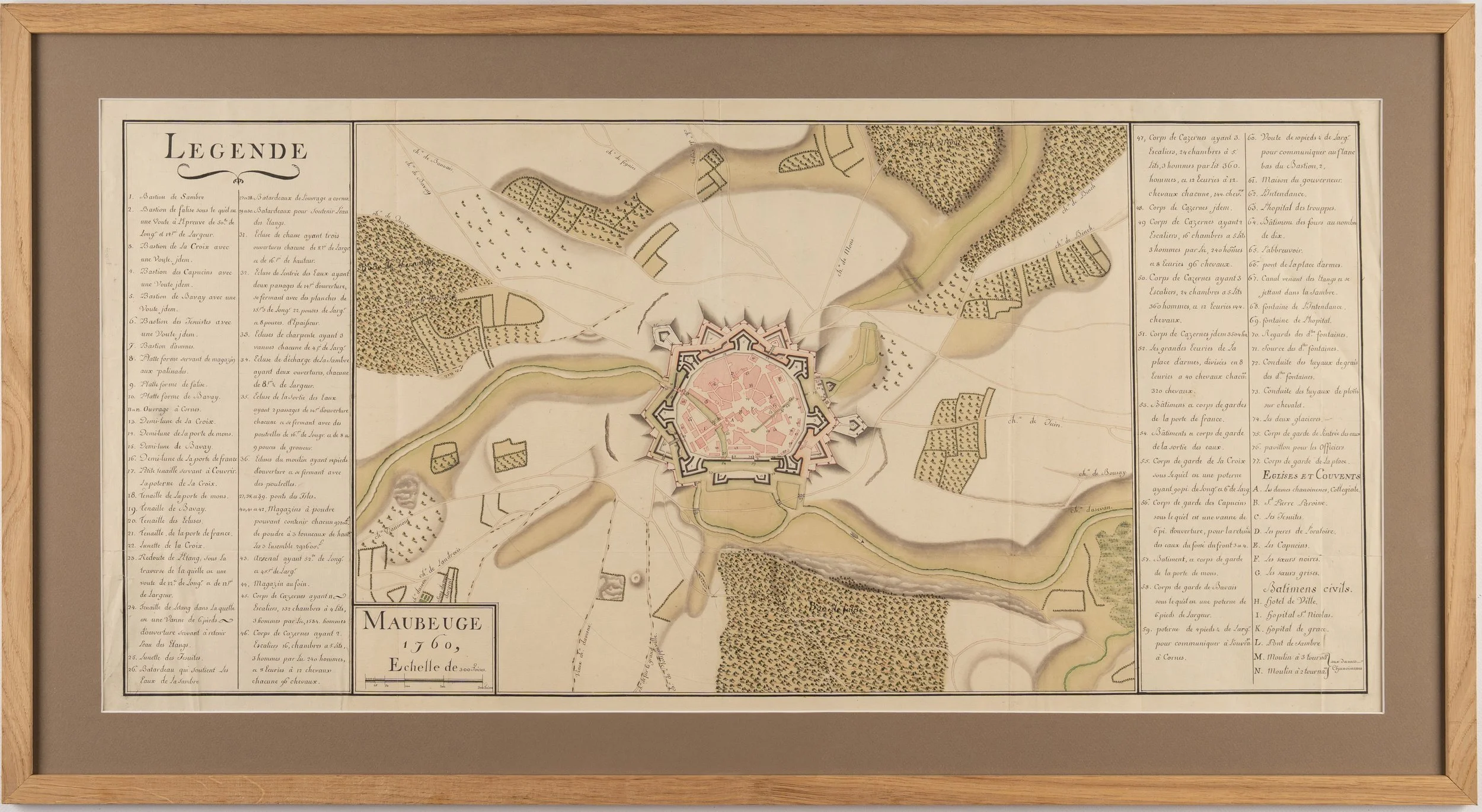 Plan manuscrit encadré, Maubeuge, fortifications, légende, Nord