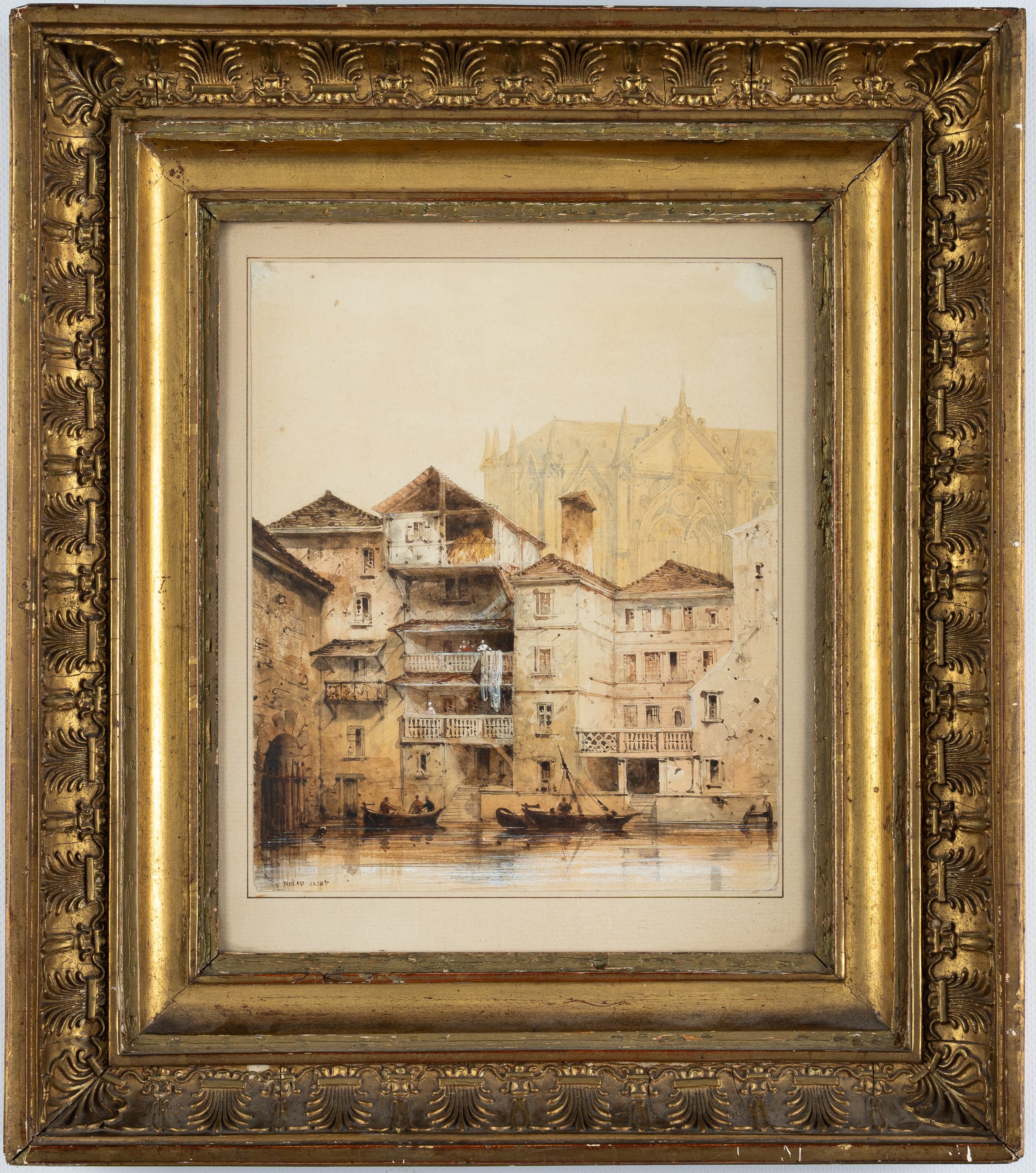 François-Joseph Nolau. Vue animée de la cathédrale Saint-Étienne et du quartier des Roches à Metz (Moselle).